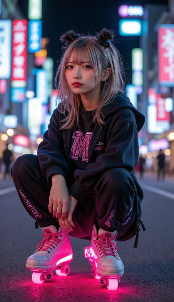 (masterpiece:1.2, best quality), realistic, (real picture, intricate details, depth of field), close up, Edgy girl, dark orange jacket, techwear, camera, backpack, white sneaker, platinum blonde hair color, ponytail, dramatic makeup, piecing, sitting outside of a convenience store, looking at the street, outdoor, ((nighttime, dark city)), neon signs, individuality, authenticity, creative expression