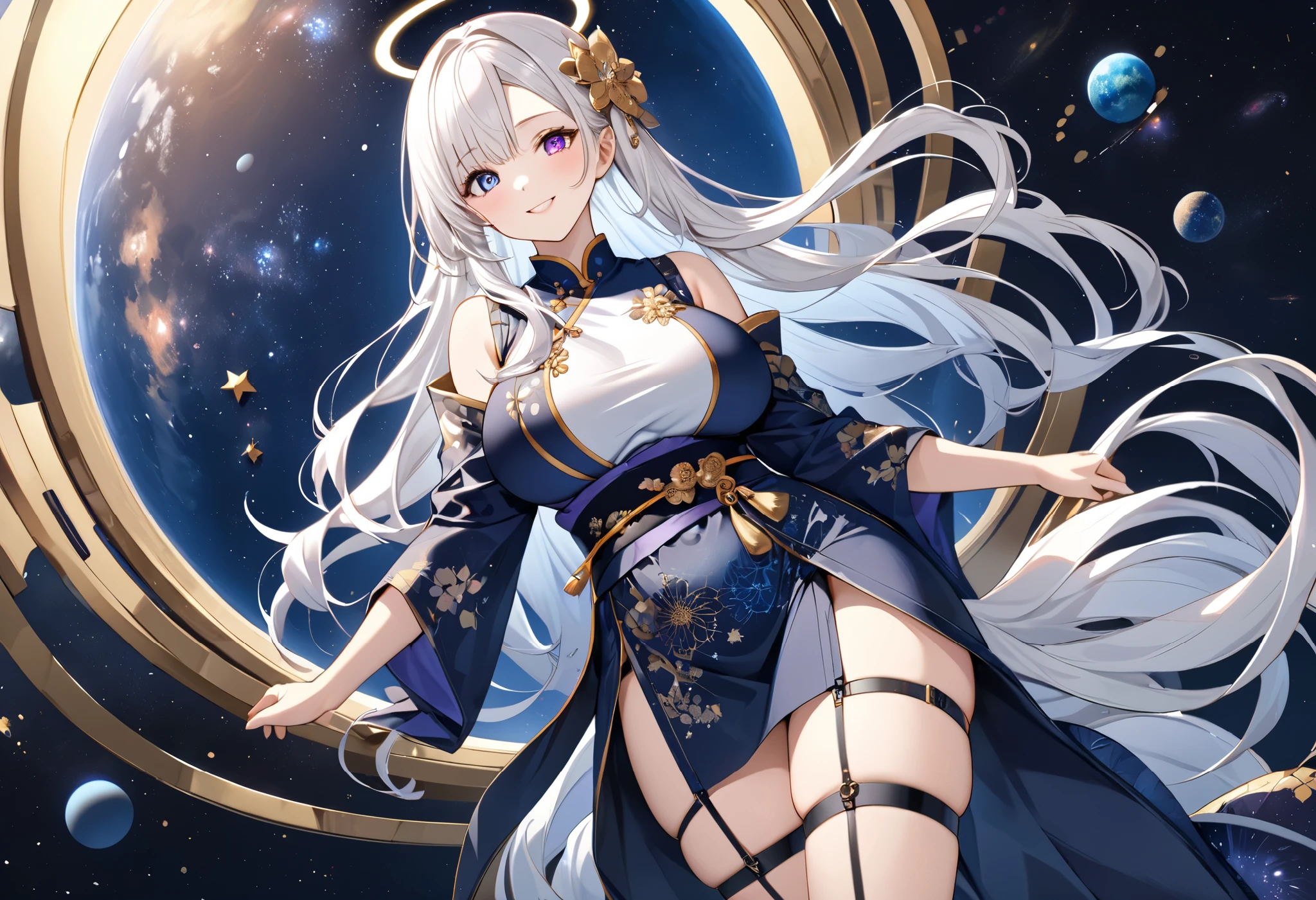 Fresh illustration,
Ultra-fine drawing,
Top quality,
Very delicate illustration,
Very fine details,
Beautiful and charming anime,
Enchanting anime,
Super detailed,
Beautiful and sophisticated,
Illustration of a girl,
Full body,
Height 158cm,
Fair skin,
Right eye blue, left eye purple, complete heterochromia,
Large black pupil,
Beautiful eyes,
Super long hair,
Shiny hair,
Blue roots, white hair elsewhere,
Hair with gradient,
Protruding forehead,
Pretty and cute face,
Rich cheeks,
Small shiny halo floating on the back of the head,
Lowered eyebrows,
Smiling,
Upper body in kimono,
Overall white clothes,
Lower body in Chinese dress,
Black obi,
Tasteful embroidery with gold thread,
Clothes with high-quality texture,
Narrow and sloping shoulders,
Mega breasts,
garter belt,
thigh straps,
thigh straps digging into skin,
thin waist,
thick thighs,
isometric,
golden ratio,
divine atmosphere,
wearing an indigo-colored stand-up collared inner,
outer space,
multiple galaxies,
countless small stars,
tactical use of shadows,
hair and halo on head do not extend beyond frame,
clothes do not extend beyond frame,
waist shot,