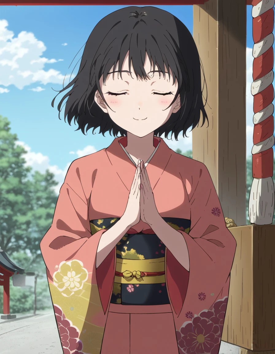 score_9, score_8_up, score_7_up, source_anime, , yuki osanai, black hair, pink eyes, short hair, ,,,, praying, japanese clothes, kimono, new year, obi, obiage, obijime, own hands clasped, own hands together, sash, shrine, wide sleeves, closed eyes, floral print,, blue sky, box, donation box, rope, shimenawa, shrine, tress ribbon, wind chime, smile, blush,, cowboy shot, solo