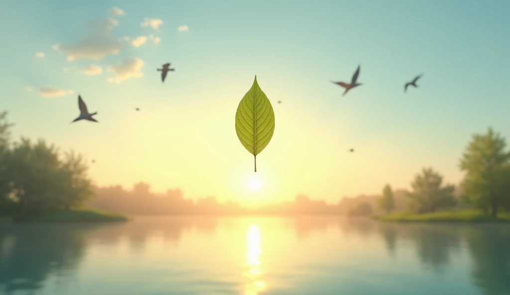 A blank leaf hanging over a horizon illuminated by the sunrise, representing new beginnings. In the background, soft trees and birds flying in the clear blue sky , creating an atmosphere of serenity .
