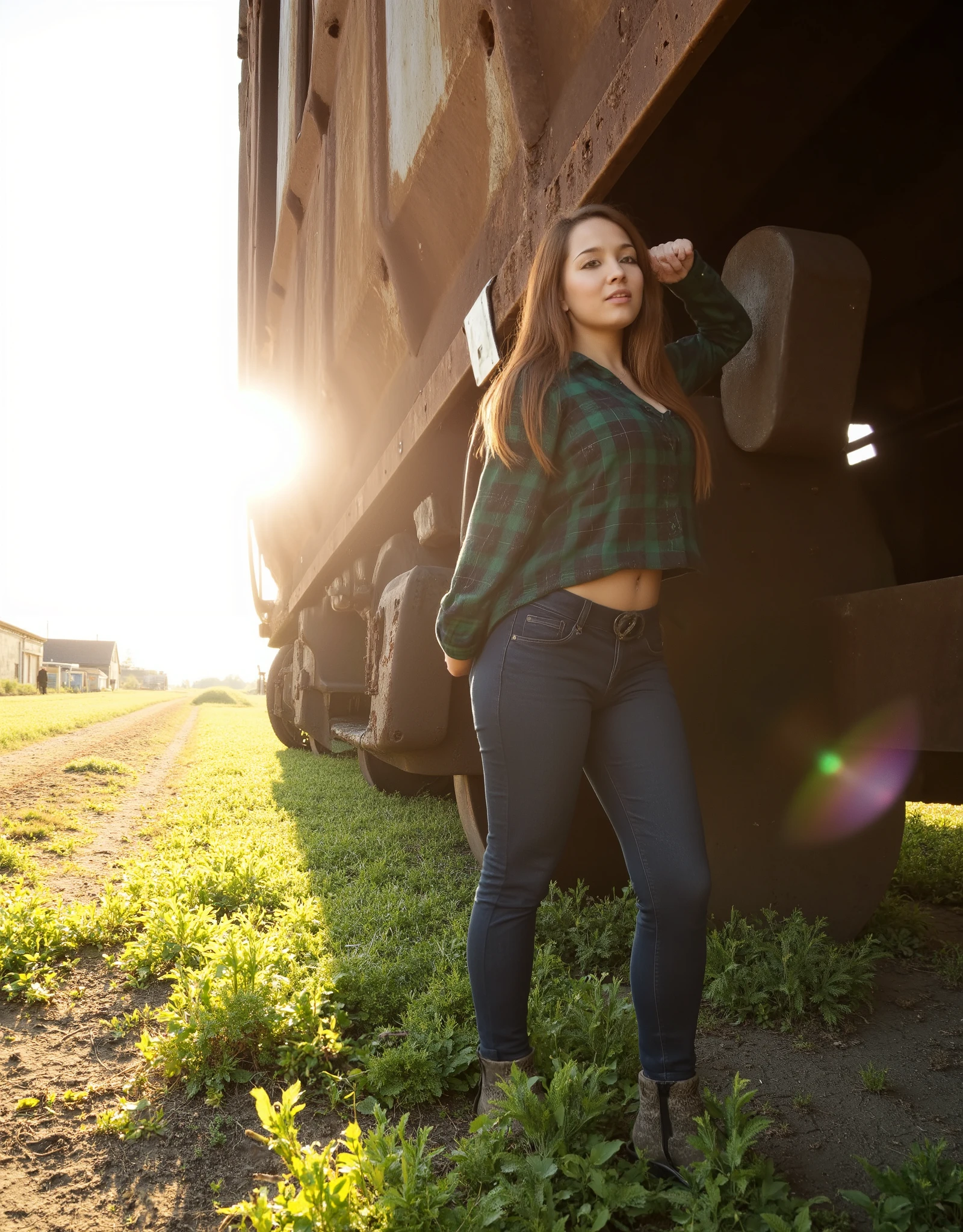 Cinematic shot, bottom view, young woman beside weathered abandoned train car, rusted metal, summer sunlight, long-sleeved plaid shirt over spaghetti-strap crop top, snug jeans, sturdy boots, overgrown landscape, vibrant green weeds, cracked earth, intricate rust patterns, natural golden light, soft shadows, Golden Hour Shot, mid-shot portrait, 50mm portrait, car portraits --ar 16:9 --s 750 --v 6