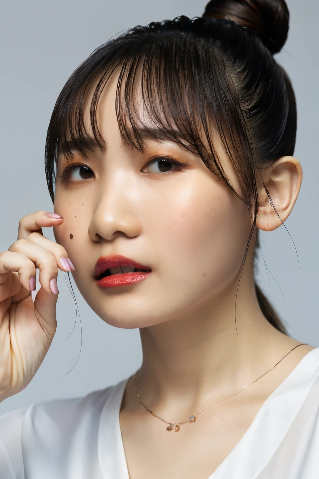 (Highest quality, 8K, 32k, masterpiece, Ultra-high resolution:1.2),Beautiful Japanese Women Photos, Small breasts, ponytail,Upper Body,Face Focus,Bra Top, necklace, Simple Background, From above, Staring at the audience,Tied under the chest with rope,Tied with rope over the chest,Tied with rope between the breasts,Detailed rope,Detailed bound skin texture,Precise texture,