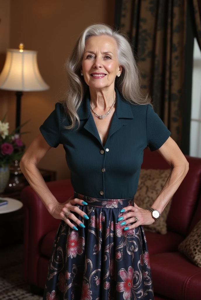 A real photograph of a stunningly beautiful elderly++++ grandmother with a very thin body and huge monstrous tits. Her fingernails are perfectly manicured and rounded and painted blue. The fingers and fingernails are perfectly shaped. She has a radiant and beautiful smile as she looks through the camera while standing in the living room. She is wearing a collard short sleeve flared skirt shirtwaist print dress. She has long greying hair and is standing with both hands on her hips with her fingernails visible. The background is complex. Her fingernails are super long.