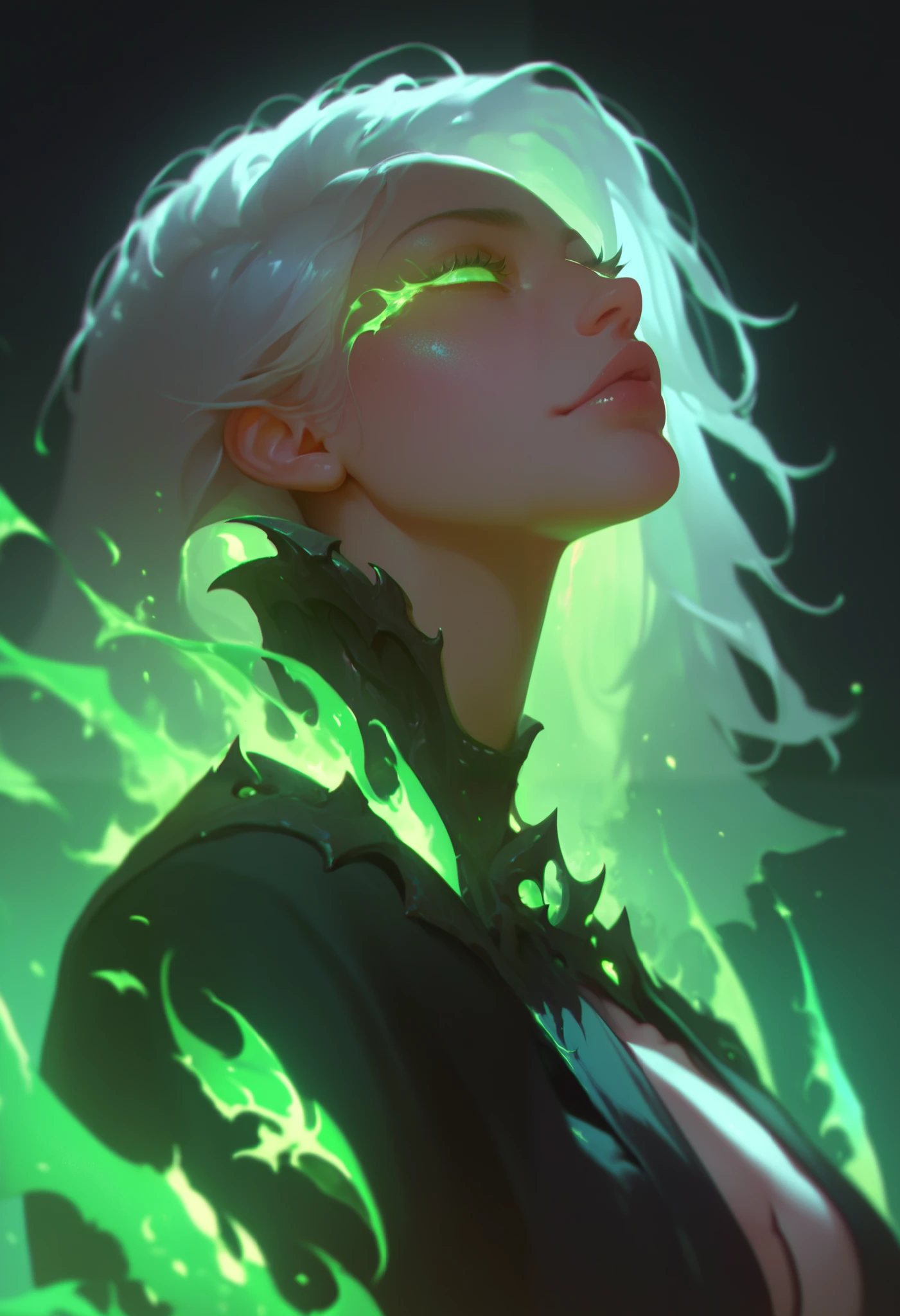 1girl, evil necromancer, solo, black robe, silver hair, green eyes, menacing eyes, green flames, dark background, cinematic shot, masterpiece, best quality, good quality, newest, ultra quality, high detailed