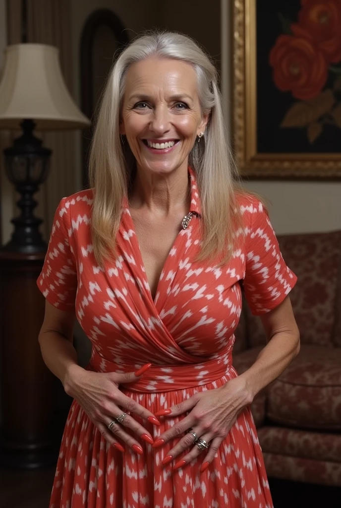 A real photograph of a stunningly beautiful (((elderly))) grandmother with a very thin body and huge monstrous tits. Her fingernails are perfectly manicured and rounded and painted glossy orange. The fingers and fingernails are perfectly shaped. She has a radiant and beautiful smile as she looks through the camera while standing in the living room. She is wearing a collard short sleeve flared skirt shirtwaist print dress. She has long greying hair and is standing with both hands on her hips with her fingernails visible. The background is complex. Her fingernails are super long.