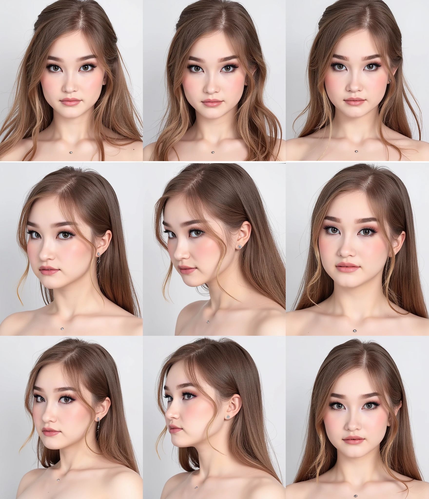 20-year-old, teen, ch3ry1b10ss0m woman, long hair, loose hair, detailed face, griid of her face, Each frame features her face in various poses: some angled for a profile view, while others are straight-on frontal shots