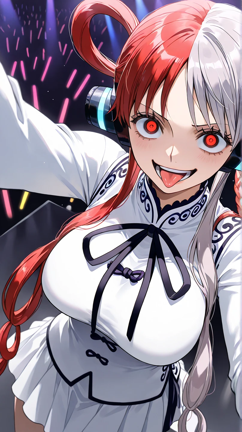 Sing(one piece)
High Quality , 最 High Quality , masterpiece, high definition, detailed face ,, anatomically correct,
One Girl , Alone, 1 woman ,solo, Detailed hairstyles (lora:Sing), detailed hair color (lora:Sing)
long hair, white dress , headphones, ribbon, Big Breasts, neck ribbon, split color hair( red hair,Gray Hair) , hair hangs over one eye , twin tails, hair ring, black ribbon,
Live venue
high angle
closeup
smile, open the opening slightly, tongue, Crazy Eyes , crazy smile ,