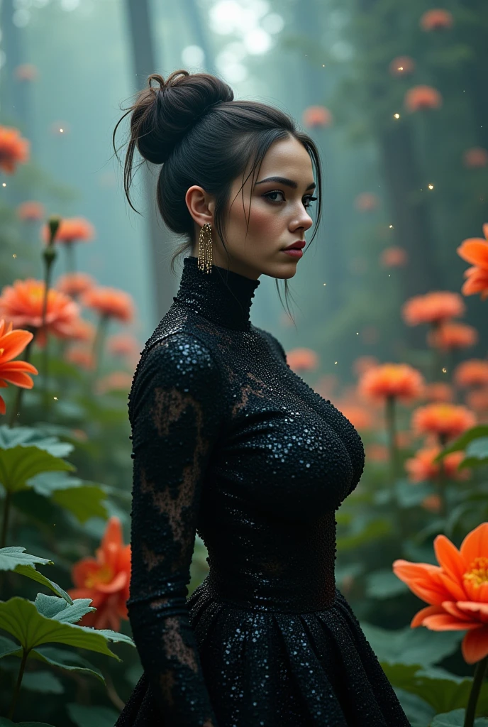 An Award-Winning Masterpiece, (photo realistic) A young woman in her 20s, styled in a maximalist dark fashion with bold accessories, is set against a surreal, otherworldly garden where the flowers are enormous and luminescent, and the air is filled with floating, glowing particles and mixed up multiple realities with unknown creatures from an ancient past (((metallic ominous war))) [in the style of Anna Razumovskaya and Clovis Trouille:0.4] ral-dissolve, surrealist fantasy, with a Maximalist Style. figure complète hyperréaliste, vetement style musique electronique, ultraRéaliste, hypermaximaliste, 4k, Moteur irréel, POINTU, détaillé, méga réalisme, Réaliste, hyperRéaliste,