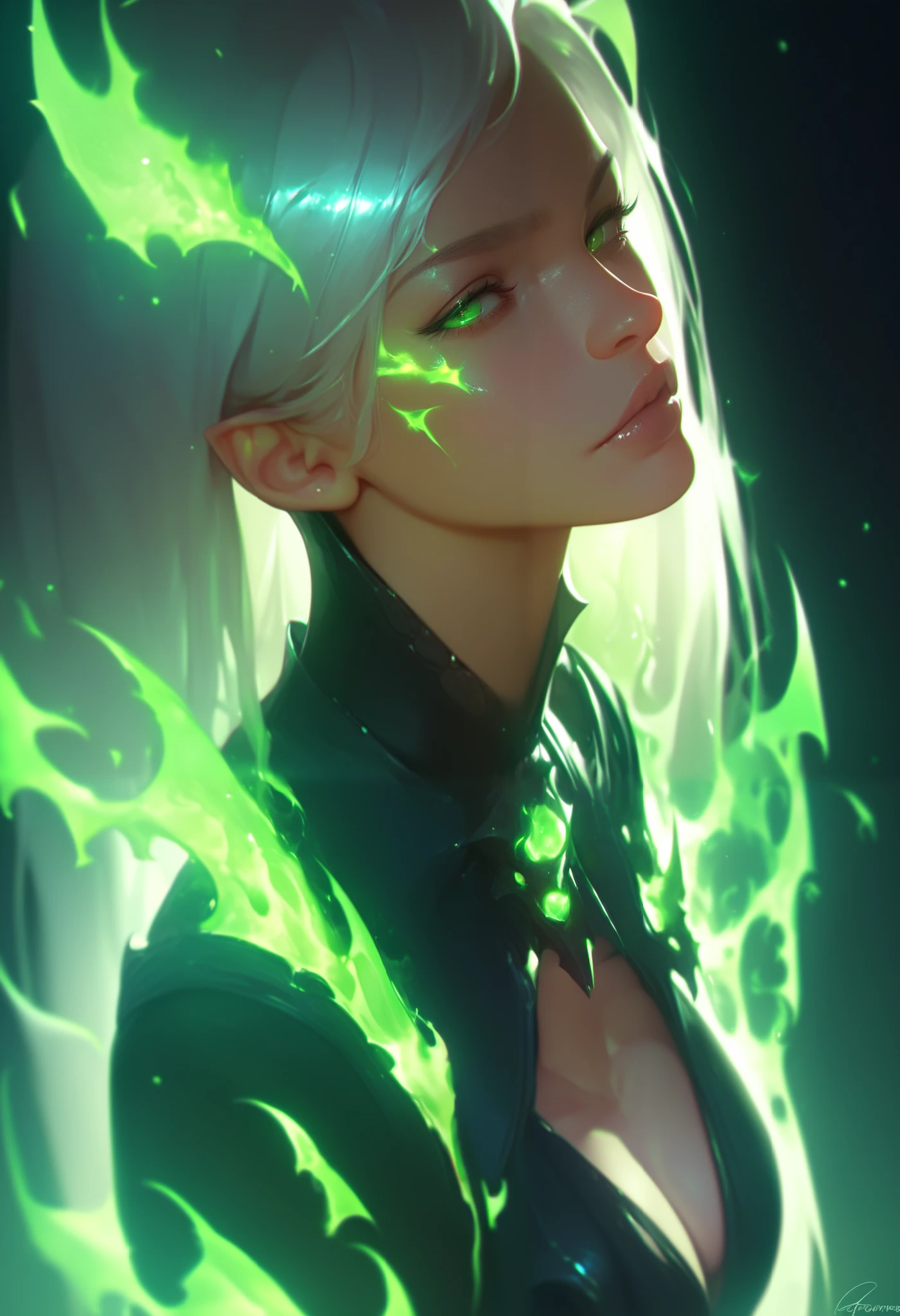 1girl, evil necromancer, solo, black robe, silver hair, green eyes, menacing eyes, green flames, dark background, cinematic shot, wallpaper, masterpiece, best quality, good quality, newest, ultra quality, high detailed