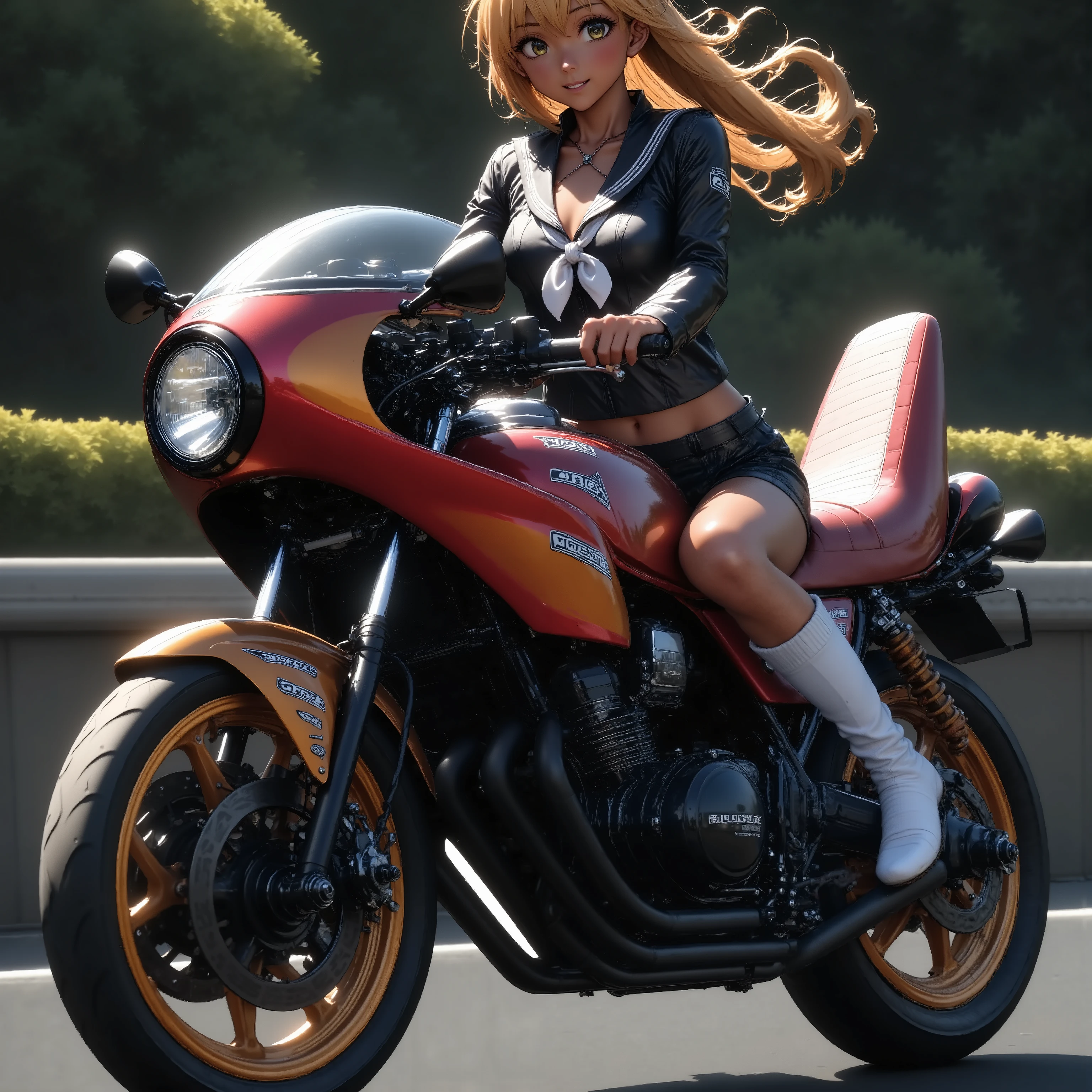 ONE HIGH SCHOOL GIRL RIDING A MOTORCYCLE 　+ CAFE RACER TUNED HONDA CBX400F　+ glossy brown skin + sailor suit　+ loose socks　+ rocket cowl 　、 top quality,  