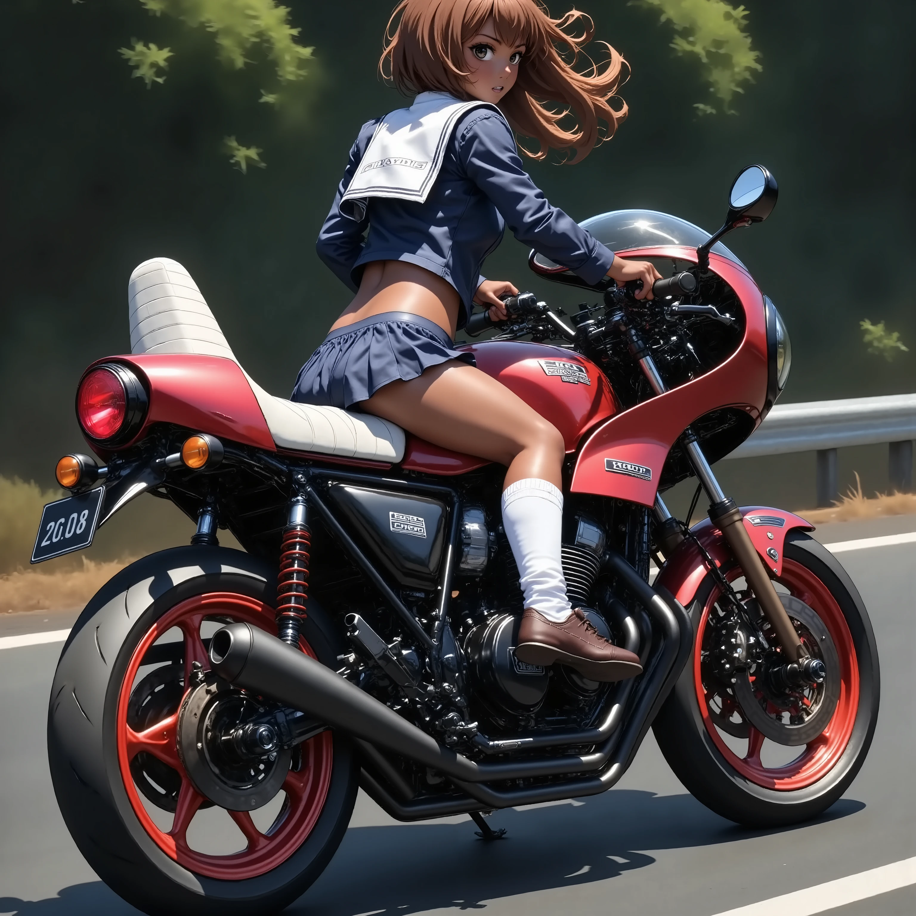 ONE HIGH SCHOOL GIRL RIDING A MOTORCYCLE 　+ CAFE RACER TUNED HONDA CBX400F　+ glossy brown skin + sailor suit　+ loose socks　+ rocket cowl 　、 top quality,  後ろ姿