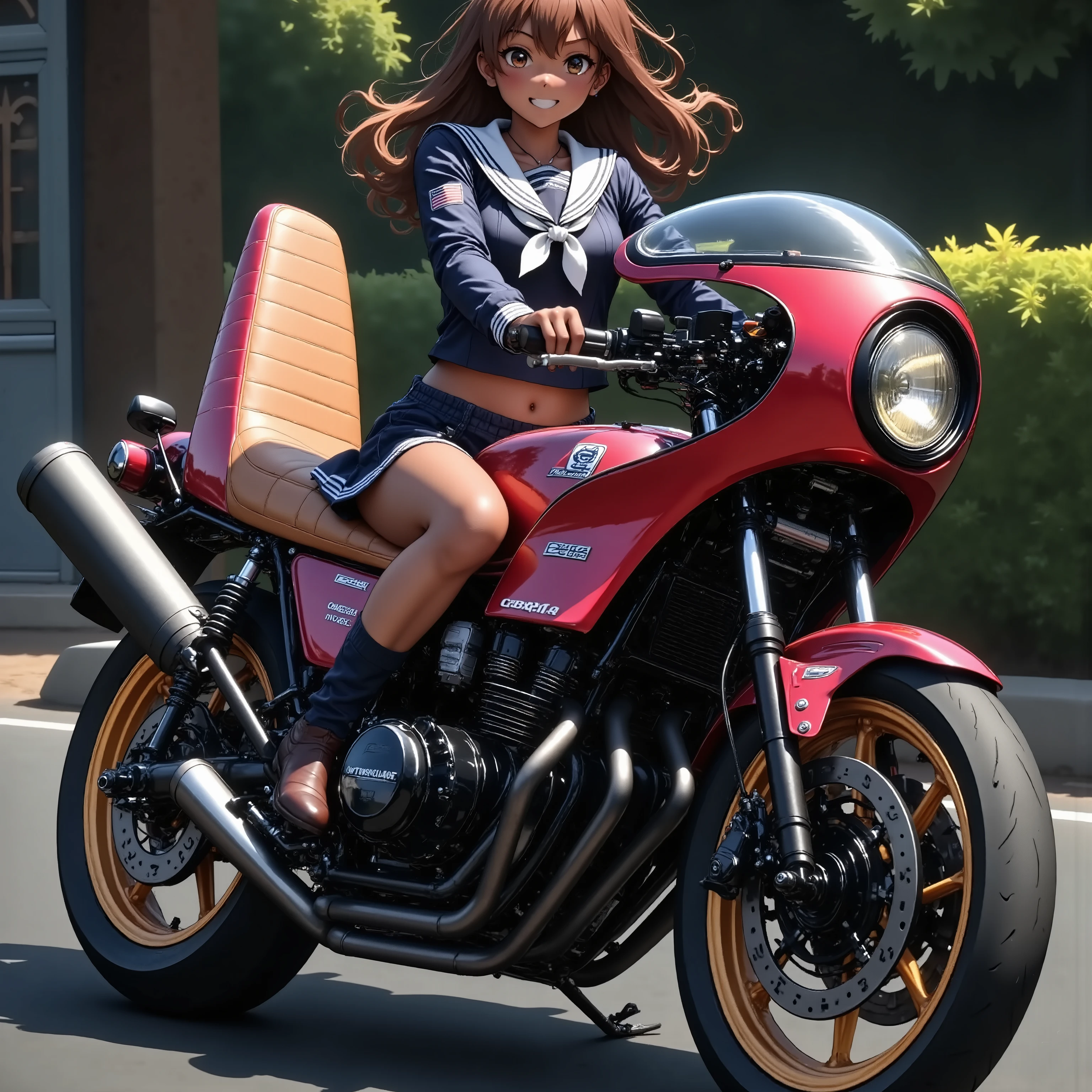 ONE HIGH SCHOOL GIRL RIDING A MOTORCYCLE 　+ CAFE RACER TUNED HONDA CBX400F　+ glossy brown skin + sailor suit　+ loose socks　+ rocket cowl 　、 top quality,  