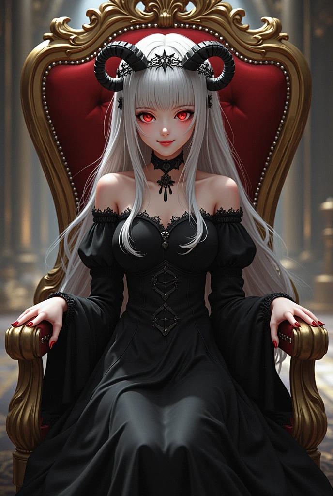 a vampire, vampire woman, with platinum hair, long hair, heavy, platinum hair, very white skin, skin as white as snow, red eyes, ruby ​​eyes, sitting on a throne, a throne of bones.  black dress, big neckline, big breasts, - 4k