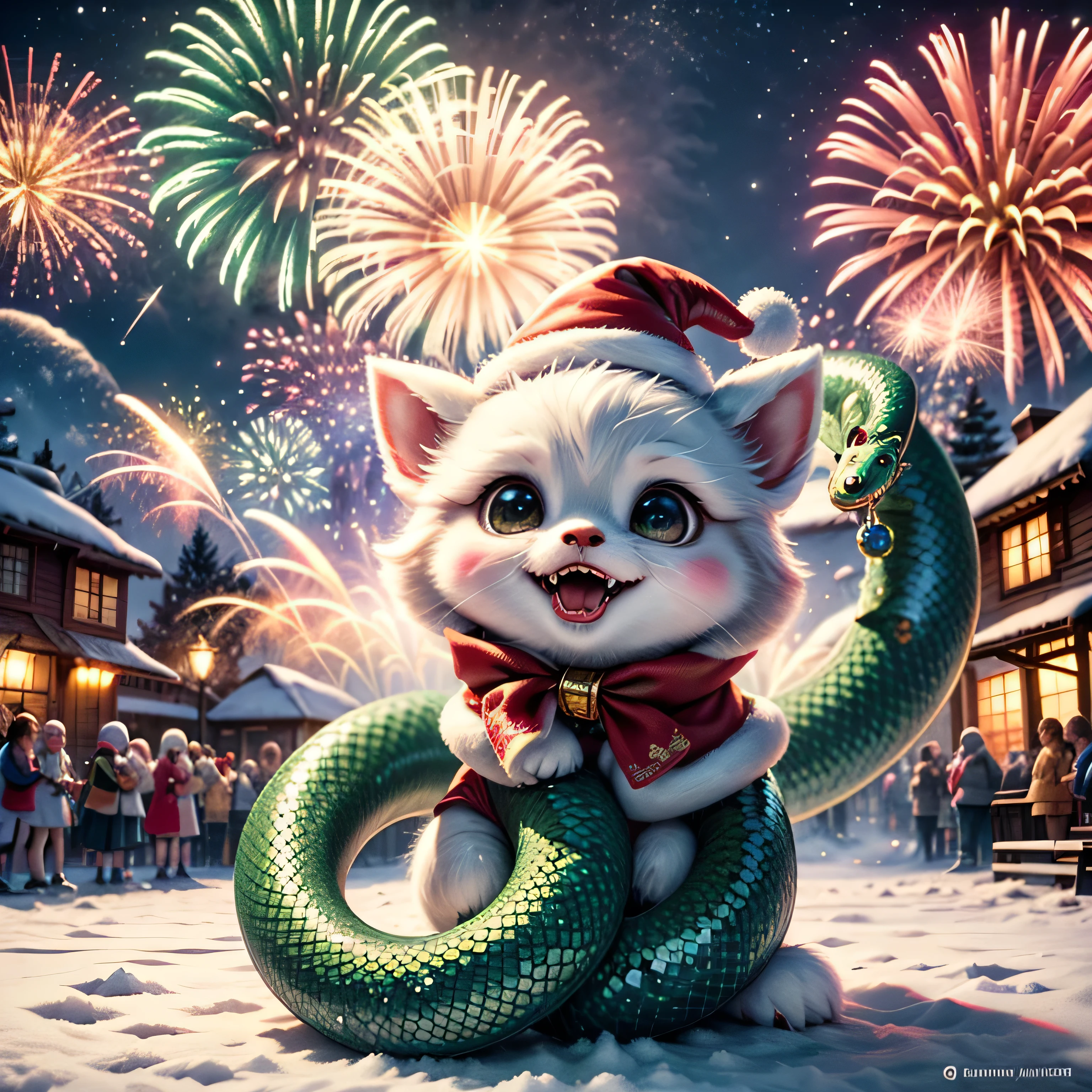 A very cute little snake, curved in an 'S' shape, with brightly coloured scales. It wears a Santa hat on its head, giving it a playful and festive look. The snake sits on a snowy surface, its head up, looking with delight at the sparkling fireworks exploding in the Christmas sky. The snake's eyes are large and full of admiration, reflecting the lights of the fireworks. The artwork should be done in a bright and cheerful illustration style, with an emphasis on the cute features of the snake. Use rich and cheerful colours for the scales: combinations of green, red and white. The fireworks should be bright and varied, including gold and silver shades, creating a festive atmosphere. Convey a sense of joy and magic. The snake should look happy and excited, so that the viewer feels the atmosphere of the New Year's holiday and magic. The background should be a night sky filled with bright fireworks that sparkle and develop in various shapes. Add snowdrifts and a few Christmas trees decorated with lights to create a cozy and festive atmosphere.