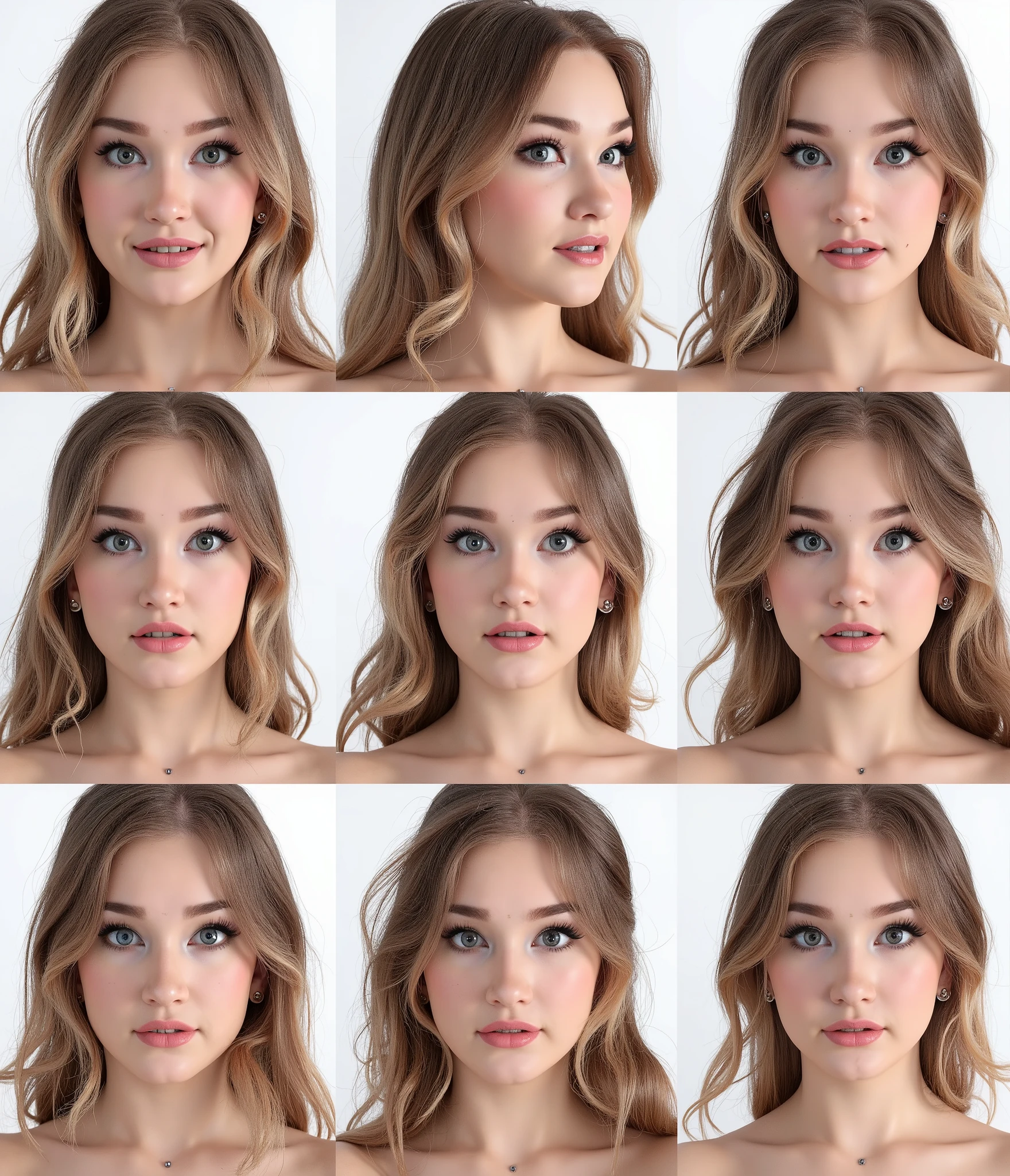 20-year-old, teen, ch3ry1b10ss0m woman, long hair, loose hair, detailed face, grid of her face, Each frame features her face in various poses: some angled for a profile view, while others are straight-on frontal shots