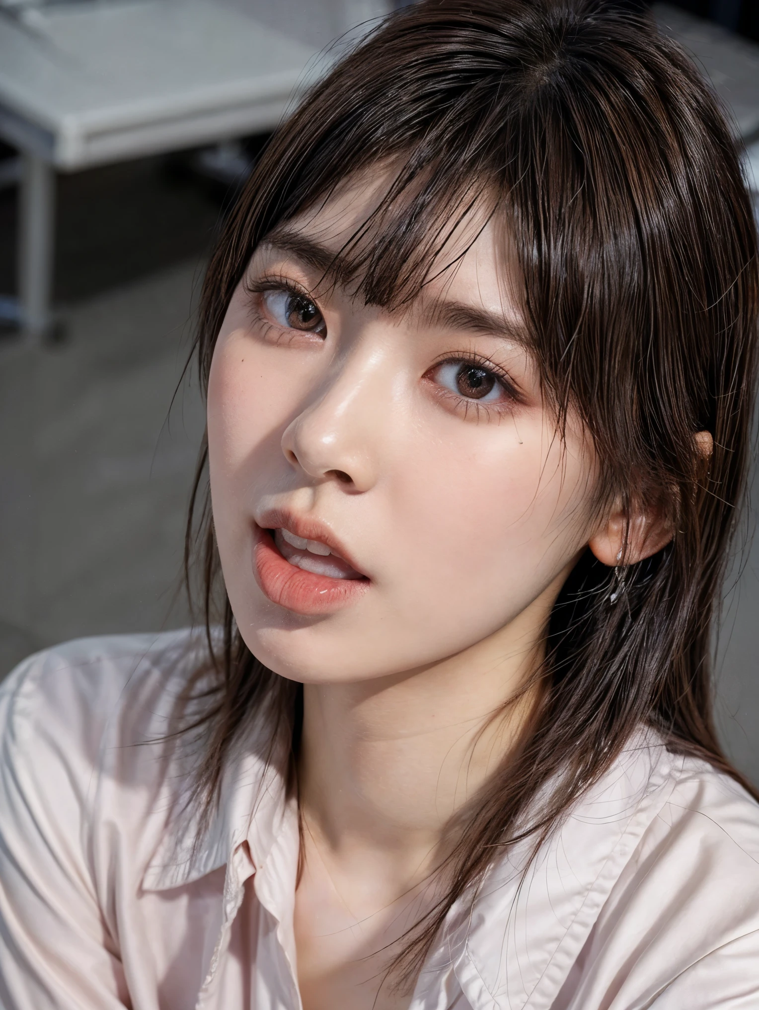 (masterpiece, best quality, realistic, photo-realistic), high resolution photograph of a Japanese woman, intricate details, sharp focus, professional lighting, solo, 1girl, an office lady, (collared shirt, skirt), (flat chest:1.4), (face focus), (full open mouth, wide open mouth, white cum in open mouth:1.5), crawling under office desk, looking up at viewer, disheveled hair, detailed face, detailed eyes, sophisticated nose, (mole on face), pale skin, fine-textured skin, indoors, office room,