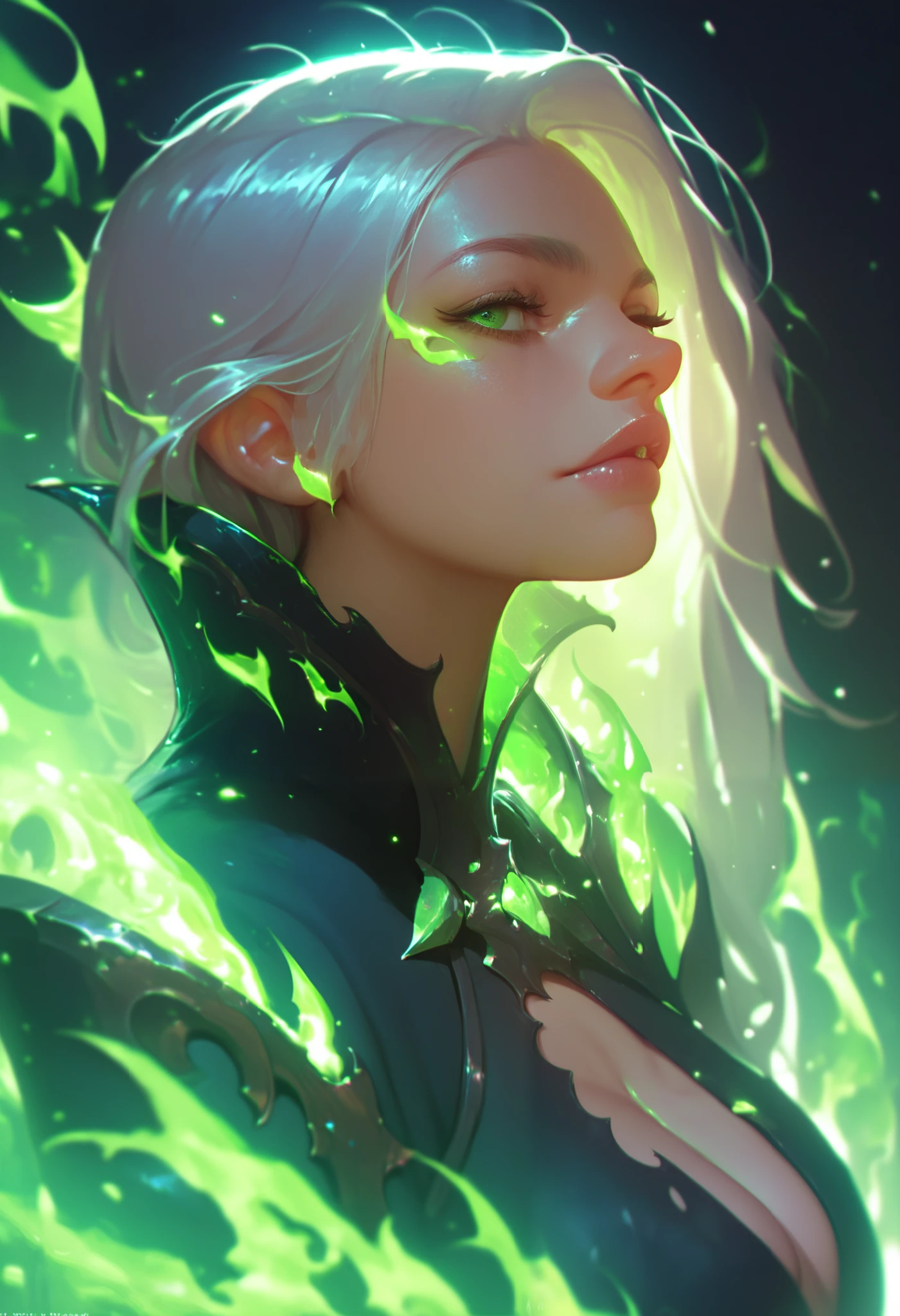 1girl, evil necromancer, solo, black robe, silver hair, green eyes, green flames, dark background, cinematic shot, wallpaper, masterpiece, best quality, good quality, newest, ultra quality, high detailed
