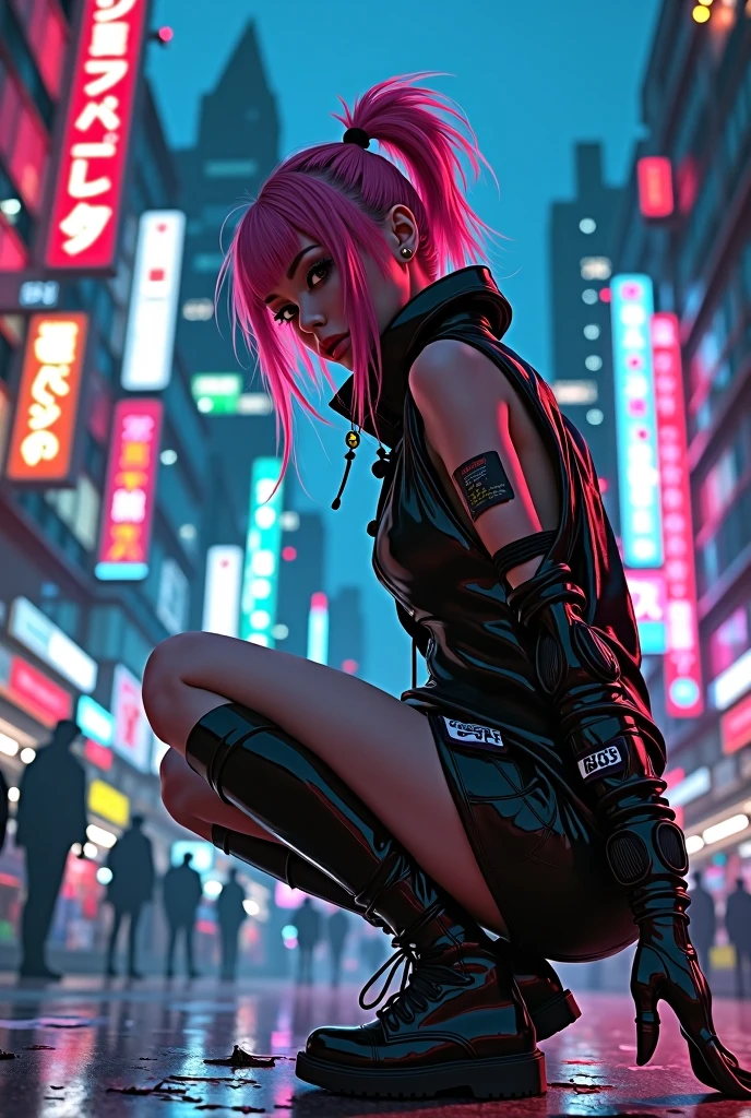 (masterpiece, top quality, best quality, official art, beautiful and aesthetic:1.2),(1 Sofia Boutella cyberpunk girl:1.4),([pink|blue] hair:1.5),((extreme detailed face)),(fractal art:1.3),(colorful:1.5), ((highly detailed face)), hyper detailed,(Mechanical modification:1.3),(modification:1.2),Maiden,(complex mechanical conduit is inserted into the back:1.5),(neon background:1.4),(neon city:1.75),night,(large breasts, thigh gap, camel toe), (gothic_lolita:1.2),high heels,(:0.75),makeup,blush,(cyberpunk:1.4),((looking at viewer:1.3)), ((cowboy shot)), NSFW, ((facing camera)). there is a woman standing in a room with a cell phone, she is wearing streetwear, woman in streetwear, wearing a fisher 🧥, wearing a baggy, wearing a tracksuit, cold as ice! 🧊, chilling, wearing a track suit, profile pic, profile shot, trending on r/streetwear, wearing a purple sweatsuit, casually dressed