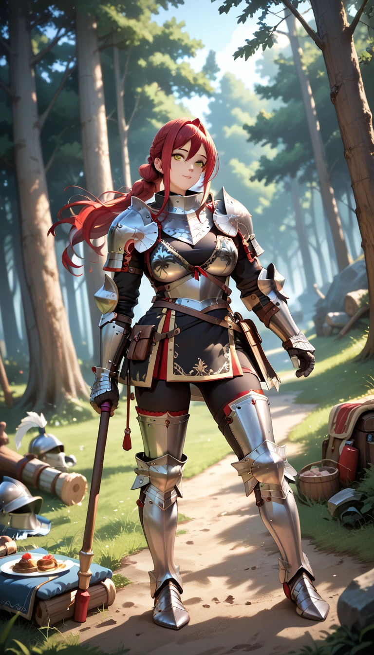 sfw, masterpiece, Best Quality, High resolution, detail hands, detail fingers, detail face, detail leg, perfect lighting, (1girl, solo, detail girl, 20years old girl), cute girl, (red hair, long hair, yellow eyes, large breast), (full plate armor, armor, hammer, breast plate, gauntlets, sabaton, greaves, sollerets, black shirts), (fantasy, forest, camp, knight), (7 feet tall), (muscular:1.5), (dynamic angle)