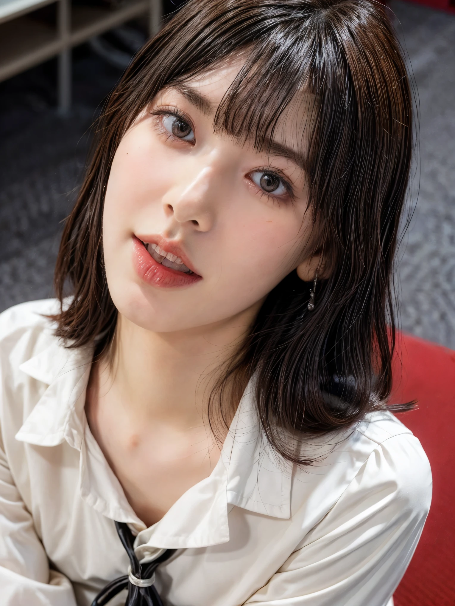 (masterpiece, best quality, realistic, photo-realistic), high resolution photograph of a Japanese woman, intricate details, sharp focus, professional lighting, solo, 1girl, an office lady, (collared shirt, skirt), (flat chest:1.4), (face focus), (full open mouth, wide open mouth, white cum in open mouth:1.5), crawling under office desk, looking up at viewer, disheveled hair, detailed face, detailed eyes, sophisticated nose, (mole on face), pale skin, fine-textured skin, indoors, office room,