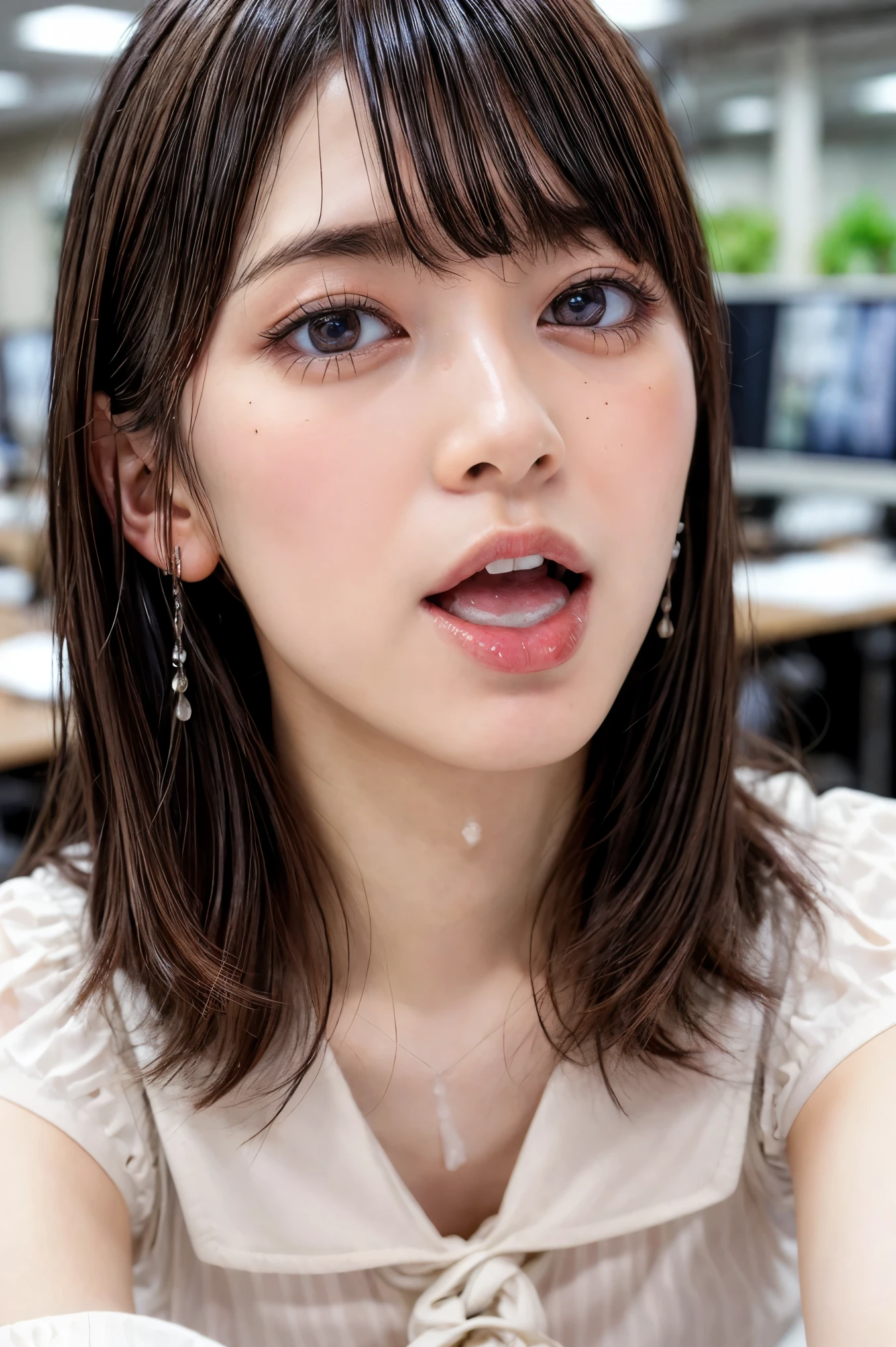 (masterpiece, best quality, realistic, photo-realistic), high resolution photograph of a Japanese woman, intricate details, sharp focus, professional lighting, solo, 1girl, an office lady, (blouse, skirt), (flat chest:1.4), (face focus), (full open mouth, wide open mouth, excessive cum in open mouth:1.5), crawling under office desk, looking up at viewer, disheveled hair, detailed face, detailed eyes, sophisticated nose, mole on face, pale skin, fine-textured skin, indoors, office room,