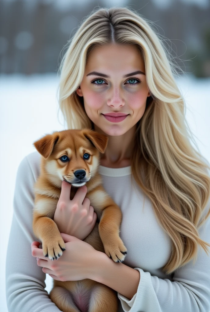 a beautiful girl with long blonde hair, detailedeyes, nase, and lips, in the snow with a puppy in her arms , woman who looks like alisha lehmann realistic