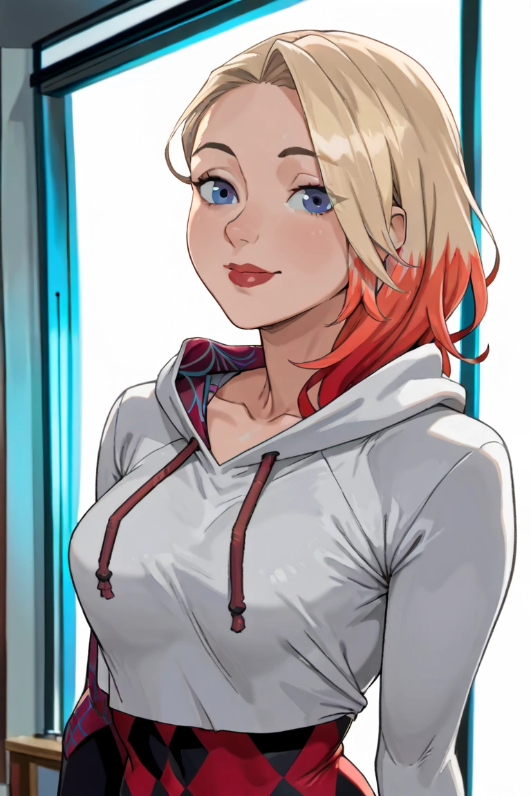 score_9, source_anime, masterpiece, high quality, (Gwen stacy body fusion with Harley Quinn), (white and red mixed Gwen spider suits), (web and diamond pattern hoodie), merging, sexy body, amalgamation, smooth skin, bedroom backgrounds, (8K), (Cinematic lighting), half body photo