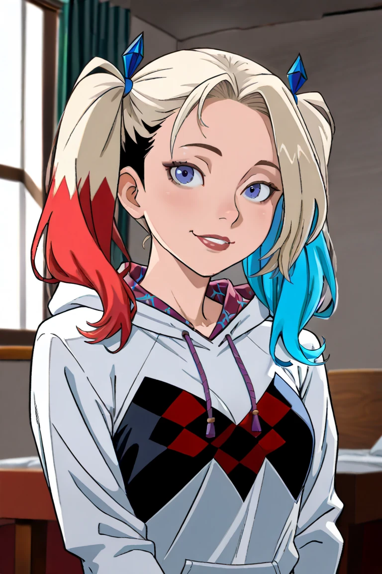 score_9, source_anime, masterpiece, high quality, (Gwen stacy body fusion with Harley Quinn), (white and red mixed Gwen spider suits), (web and diamond pattern hoodie), merging, sexy body, amalgamation, smooth skin, bedroom backgrounds, (8K), (Cinematic lighting), half body photo