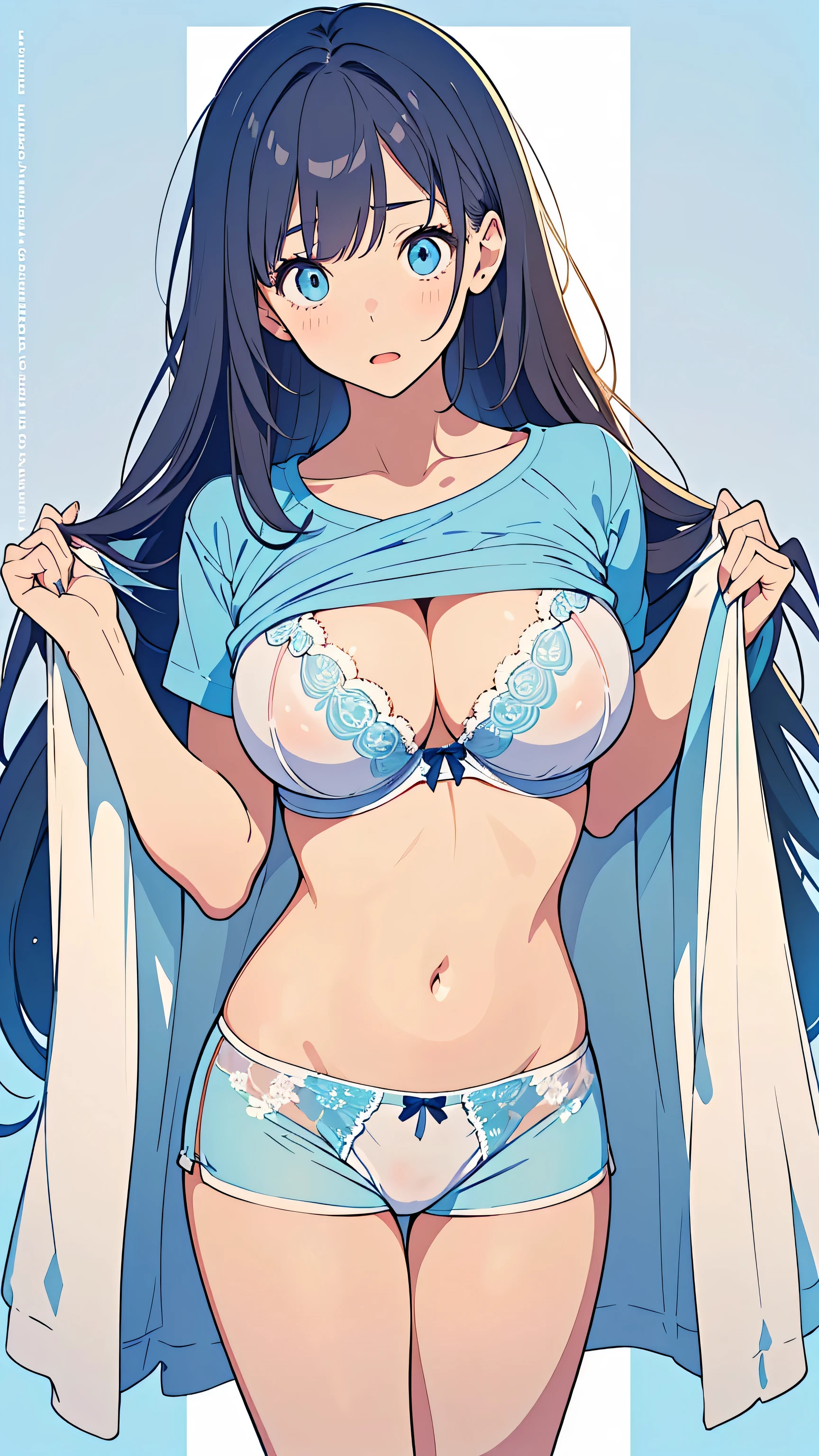 masutepiece, Best Quality, Illustration,  nostalgic photo :1.5, (( image outlined with very thin lines:1.3)), (((Light color background:1.3))), Ultra-detailed, finely detail, hight resolution, 8K Wallpaper, Perfect dynamic composition, Beautiful detailed eyes, doress, (long Hair, random color), (natural large breasts:1.3),   plump breasts,  Thin Waist:0.6, Natural Color Lip, (Random and sexy poses), (28 years girl), (adult underwear, Underwear with detailed designs, cute design, see-through design), (Blue and white underwear :1.3), (cute, adulty Xmas fashion:1.1), ( surprised to be seen changing clothes all of a sudden:1.5), ( butts at the audience:1.5), cool women:1.5