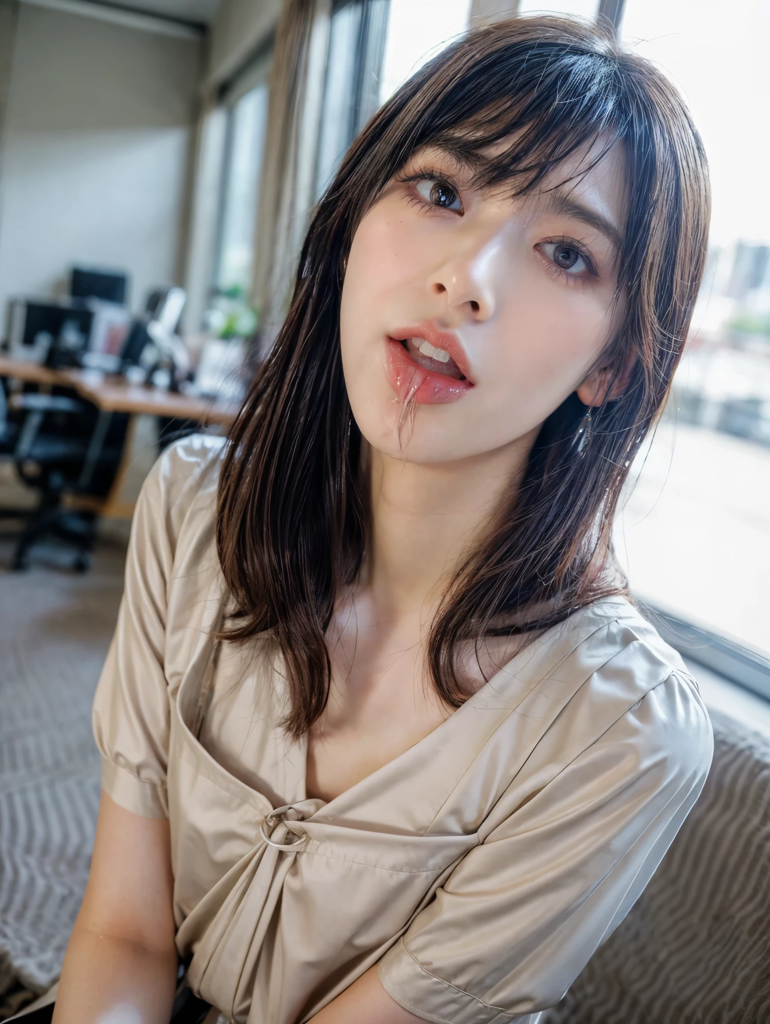 (masterpiece, best quality, realistic, photo-realistic), high resolution photograph of a Japanese woman, intricate details, sharp focus, professional lighting, solo, 1girl, an office lady, (collared shirt, skirt), (flat chest:1.4), (face focus), (full open mouth, wide open mouth, white cum in open mouth:1.5), crawling under office desk, looking up at viewer, disheveled hair, detailed face, detailed eyes, sophisticated nose, (mole on face), pale skin, fine-textured skin, indoors, office room,