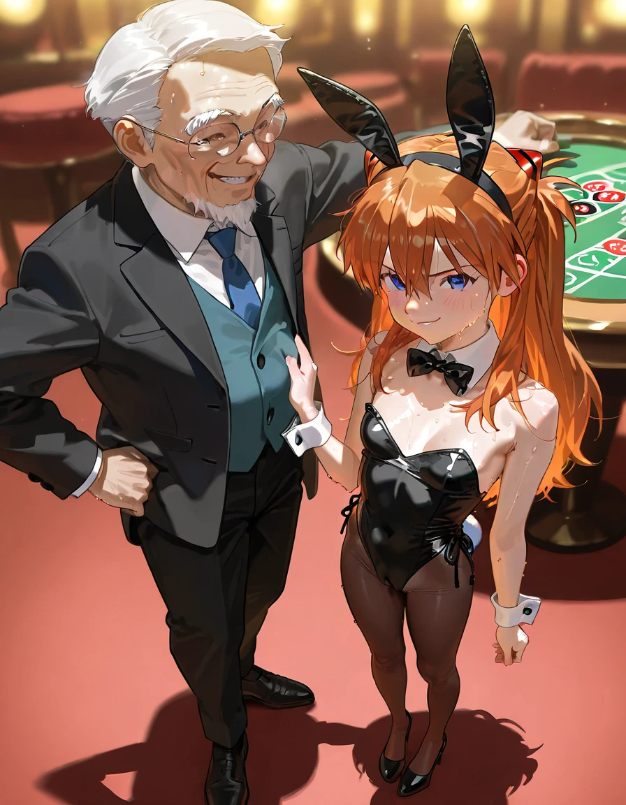 Artist : Nyalia;、 , , 、tiny Breasts、Asuka 、full body, Evangelion nsfw、bunnysuit, playboy bunny, detailed asuka anime face, cameltoe、young Woman、with old man, couple with age difference, touching, , , long orange hair, tights, ,   whore,casino、sweaty,  smirk face, soft skin, realistic skin, 