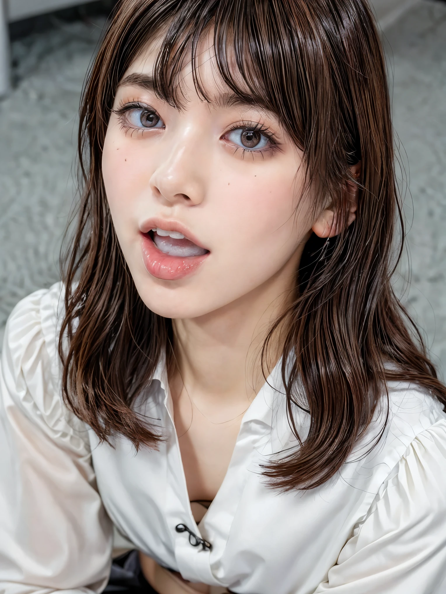 (masterpiece, best quality, realistic, photo-realistic), high resolution photograph of a Japanese woman, intricate details, sharp focus, professional lighting, solo, 1girl, an office lady, (collared shirt, skirt), (flat chest:1.4), (face focus), (full open mouth, wide open mouth, white cum in open mouth:1.5), crawling under office desk, looking up at viewer, disheveled hair, detailed face, detailed eyes, sophisticated nose, (mole on face), pale skin, fine-textured skin, indoors, office room,