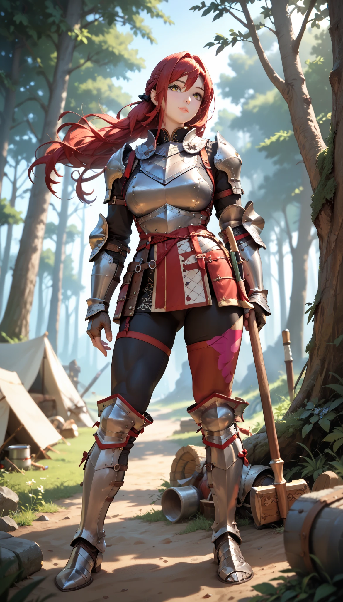 sfw, masterpiece, Best Quality, High resolution, detail hands, detail fingers, detail face, detail leg, perfect lighting, (1girl, solo, detail girl, 20years old girl), cute girl, (red hair, long hair, yellow eyes, large breast), (full plate armor, armor, hammer, breast plate, gauntlets, sabaton, greaves, sollerets, black shirts), (fantasy, forest, camp, knight), (7 feet tall), (muscular:1.5), (dynamic angle)