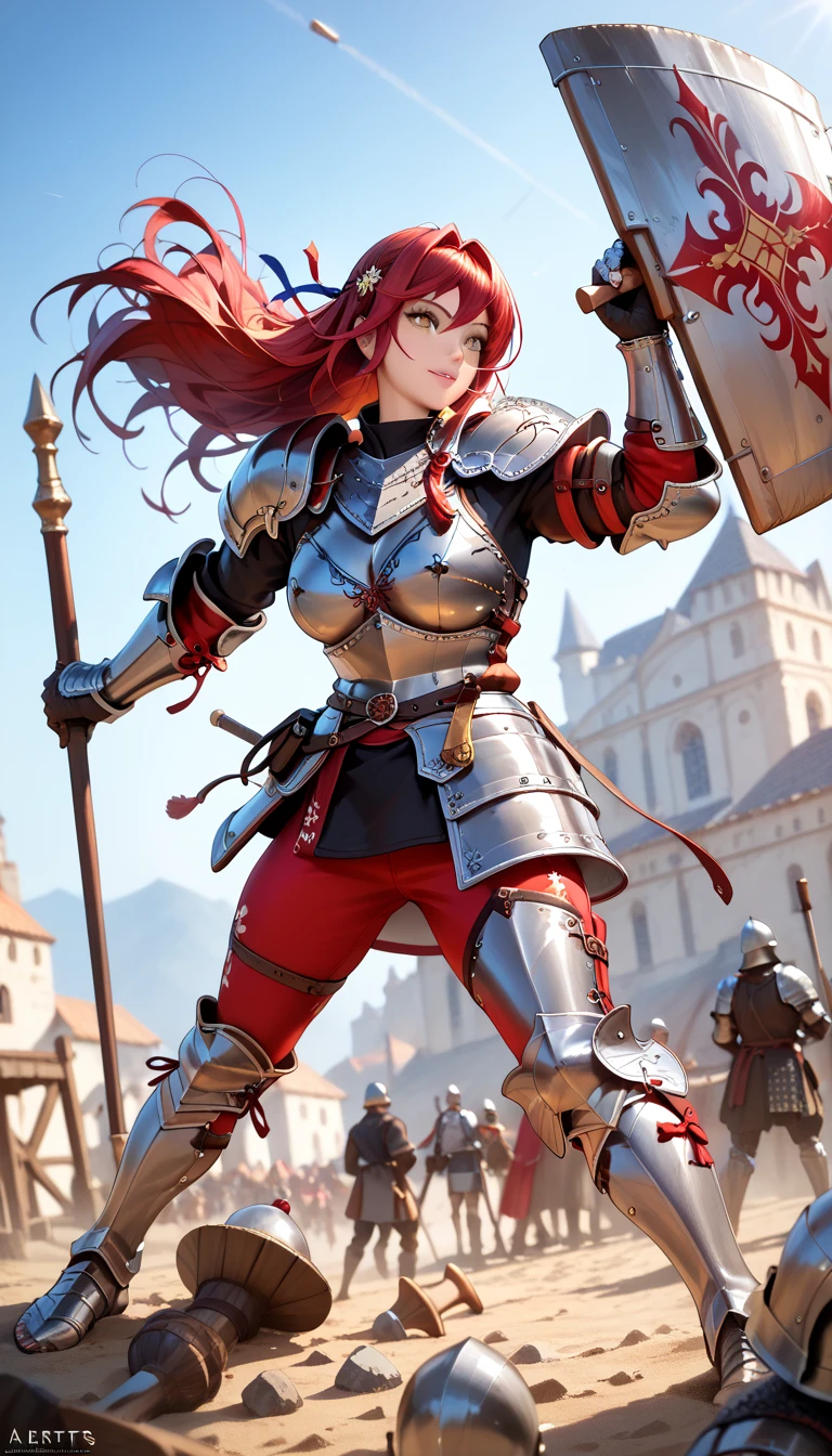 sfw, masterpiece, Best Quality, High resolution, detail hands, detail fingers, detail face, detail leg, perfect lighting, (1girl, solo, detail girl, 20years old girl), cute girl, (red hair, long hair, yellow eyes, large breast), (full plate armor, armor, hammer, breast plate, gauntlets, sabaton, greaves, sollerets, black shirts), (fantasy, battle fields, knight), (7 feet tall), (muscular:1.5), (dynamic angle, dynamic pose)