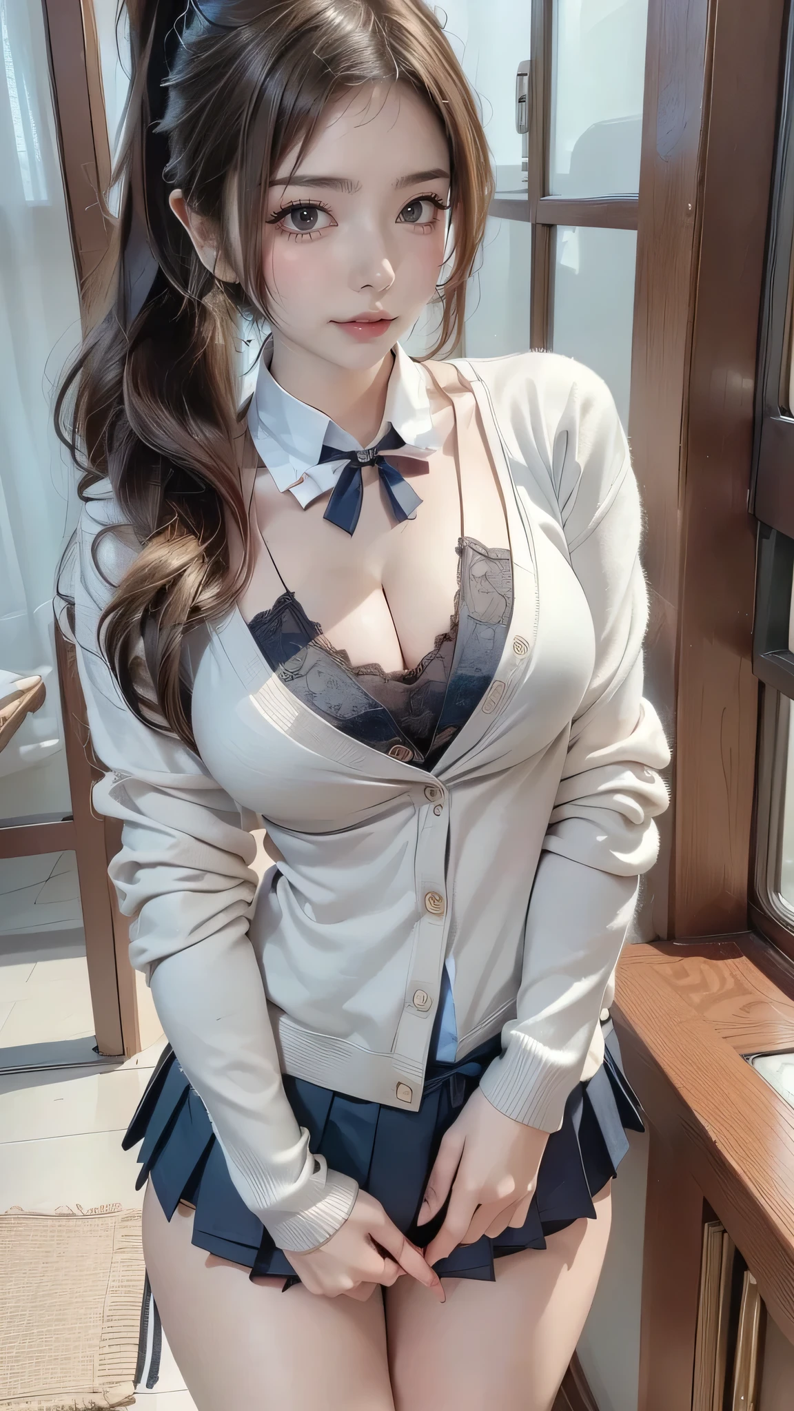 (masterpiece:1.2, top-quality), (realistic, photorealistic:1.4), beautiful illustration, (natural side lighting, movie lighting),
looking at viewer, cowboy shot, front view:0.6, 1 girl, japanese, high school girl, perfect face, cute and symmetrical face, shiny skin,
(long hair:1.4, high ponytail:1.7, light brown hair), hair between eye, dark brown eyes, long eye lasher, (large breasts:0.6, seductive thighs),
beautiful hair, beautiful face, beautiful detailed eyes, beautiful clavicle, beautiful body, beautiful chest, beautiful thigh, beautiful legs, beautiful fingers,
((long sleeve white collared shirts, navy pleated miniskirt, navy tie, light grey cardigan)), pink panties,
(beautiful scenery), evening, riverside, walking, (lovely smile, upper eyes),