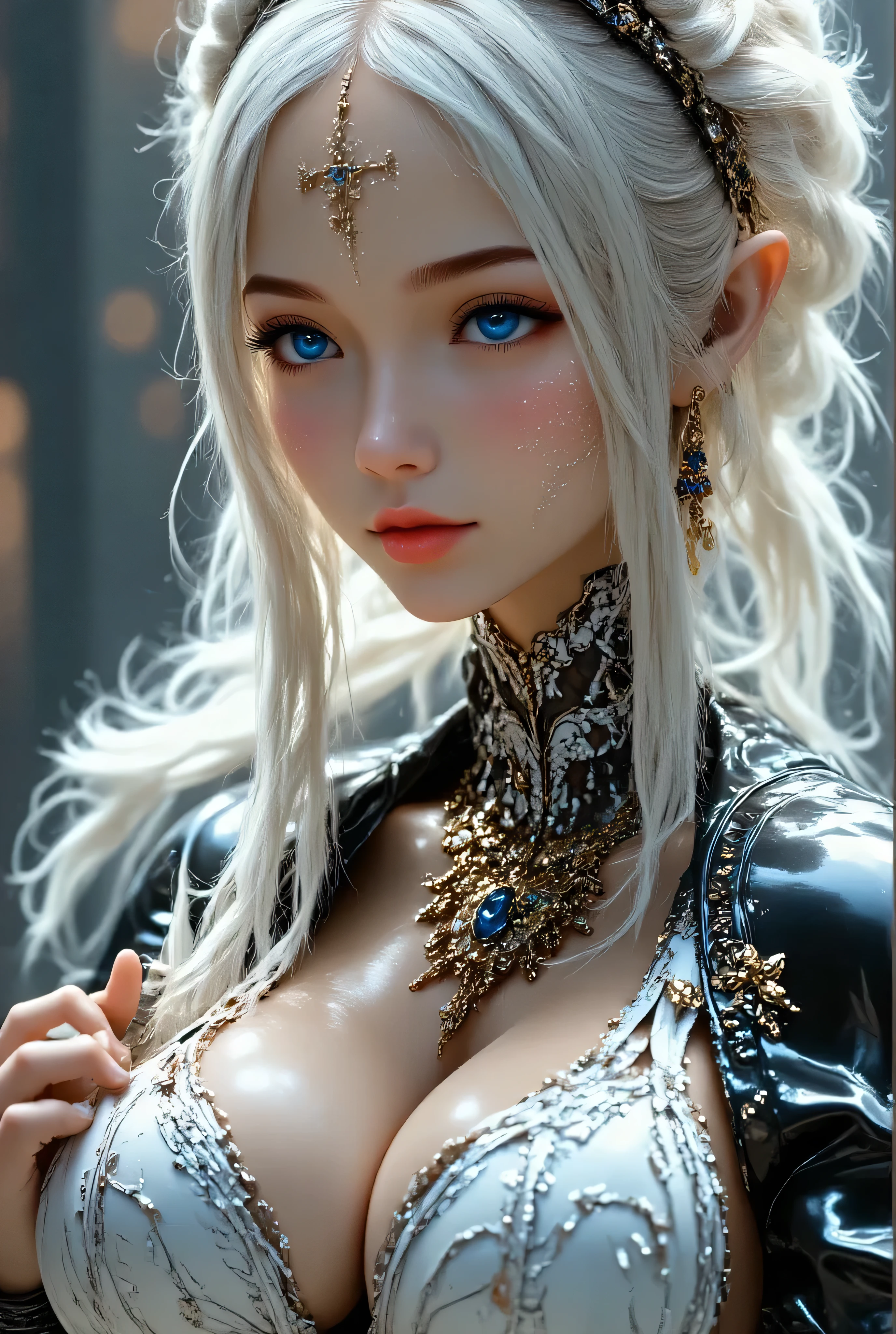A futuristic cyborg android woman with intricate sugar skull makeup, in the style of a fantasy character portrait. Rendered in breathtaking **8K resolution** with **award-winning** level of detail and **super humanosm attention to detail**. Use a **35mm lens** to capture the depth and elegance of the subject, achieving a stunning **HD quality**. Meld the imaginative worlds of **Artgerm**'s digital mastery, **Greg Rutkowski**'s grim beauty, and **Alphonse Mucha**'s Art Nouveau finesse. Create a **smooth, sharp, and focused** illustration that exudes the richness of a painted canvas, yet maintains the crispness of a digital artwork."