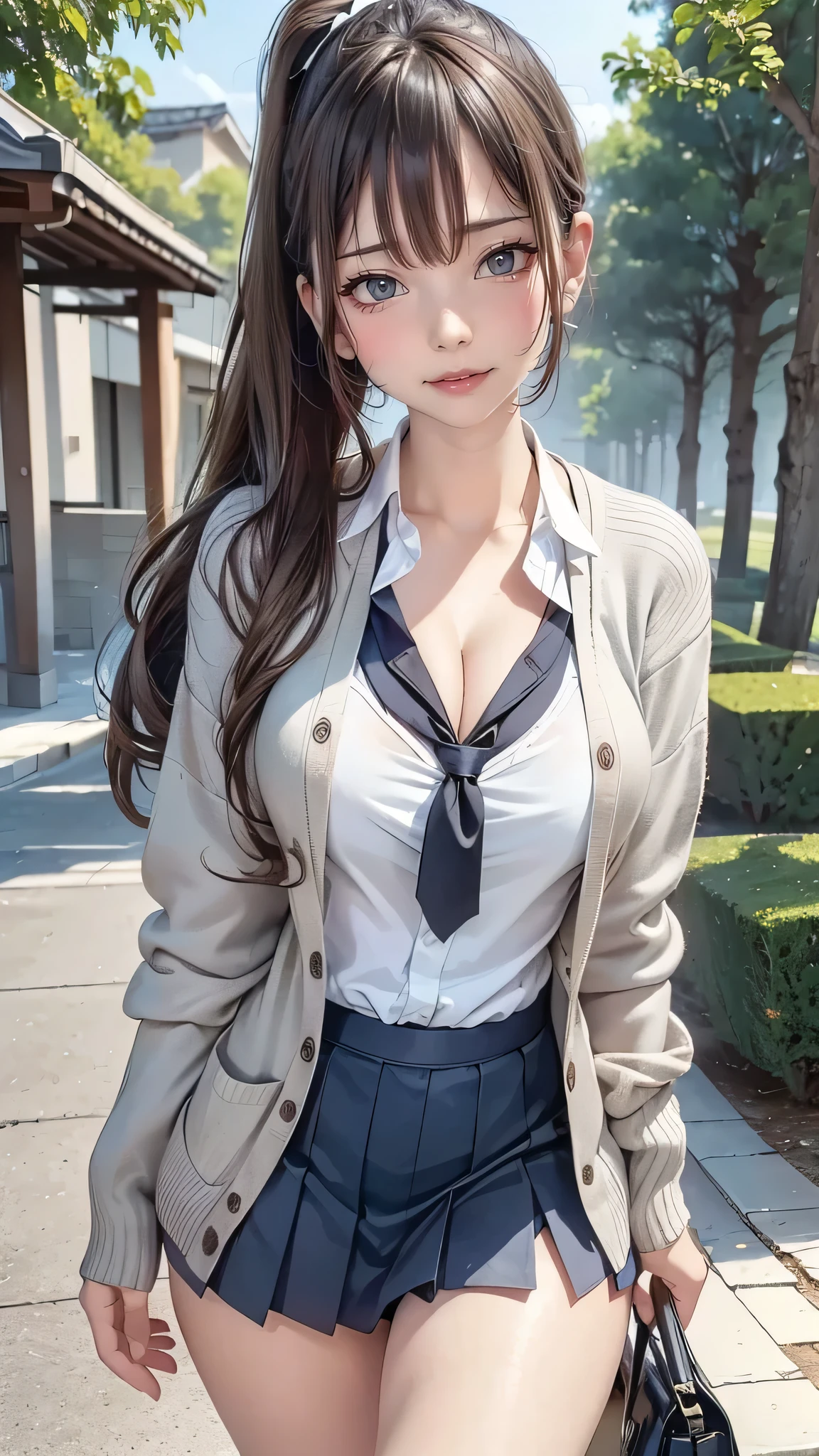 (masterpiece:1.2, top-quality), (realistic, photorealistic:1.4), beautiful illustration, (natural side lighting, movie lighting), 
looking at viewer, cowboy shot, front view:0.6, 1 girl, japanese, high school girl, perfect face, cute and symmetrical face, shiny skin, 
(long hair:1.4, high ponytail:1.7, light brown hair), hair between eye, dark brown eyes, long eye lasher, (large breasts:0.6, seductive thighs), 
beautiful hair, beautiful face, beautiful detailed eyes, beautiful clavicle, beautiful body, beautiful chest, beautiful thigh, beautiful legs, beautiful fingers, 
((long sleeve white collared shirts, navy pleated miniskirt, navy tie, light grey cardigan)), pink panties, 
(beautiful scenery), evening, riverside, walking, (lovely smile, upper eyes), 