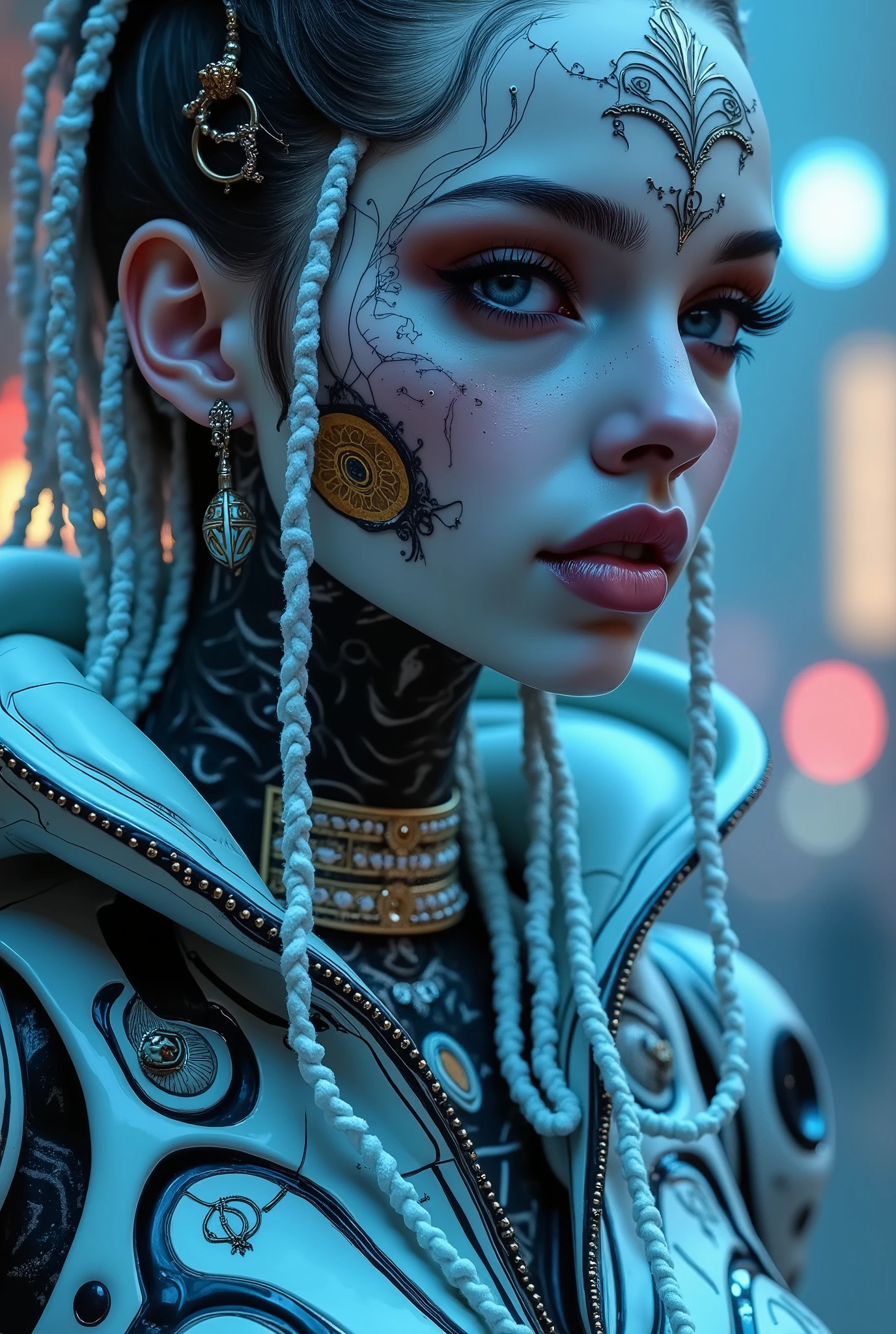 A futuristic cyborg android woman with intricate sugar skull makeup, in the style of a fantasy character portrait. Rendered in breathtaking **8K resolution** with **award-winning** level of detail and **super humanosm attention to detail**. Use a **35mm lens** to capture the depth and elegance of the subject, achieving a stunning **HD quality**. Meld the imaginative worlds of **Artgerm**'s digital mastery, **Greg Rutkowski**'s grim beauty, and **Alphonse Mucha**'s Art Nouveau finesse. Create a **smooth, sharp, and focused** illustration that exudes the richness of a painted canvas, yet maintains the crispness of a digital artwork."