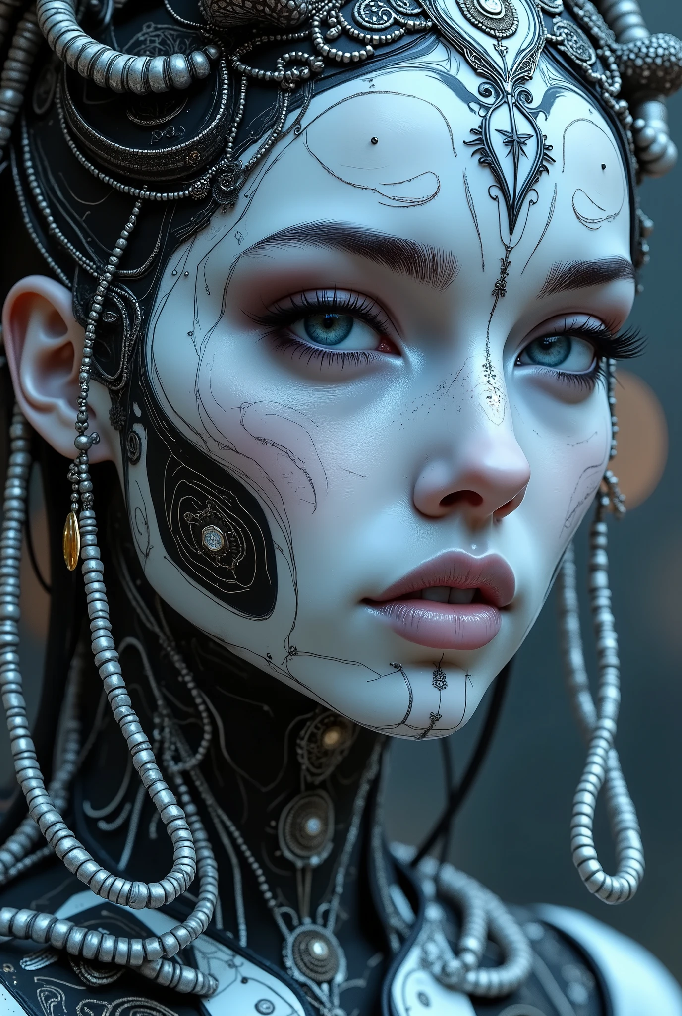 A futuristic cyborg android woman with intricate sugar skull makeup, in the style of a fantasy character portrait. Rendered in breathtaking **8K resolution** with **award-winning** level of detail and **super humanosm attention to detail**. Use a **35mm lens** to capture the depth and elegance of the subject, achieving a stunning **HD quality**. Meld the imaginative worlds of **Artgerm**'s digital mastery, **Greg Rutkowski**'s grim beauty, and **Alphonse Mucha**'s Art Nouveau finesse. Create a **smooth, sharp, and focused** illustration that exudes the richness of a painted canvas, yet maintains the crispness of a digital artwork."