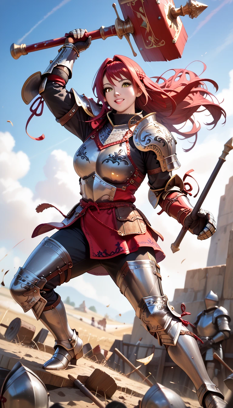 sfw, masterpiece, Best Quality, High resolution, detail hands, detail fingers, detail face, detail leg, perfect lighting, (1girl, solo, detail girl, 20years old girl), cute girl, (red hair, long hair, yellow eyes, large breast), (full plate armor, armor, hammer, breast plate, gauntlets, sabaton, greaves, sollerets, black shirts), (fantasy, battle fields, knight), (7 feet tall), (muscular:1.5), (dynamic angle, dynamic pose)