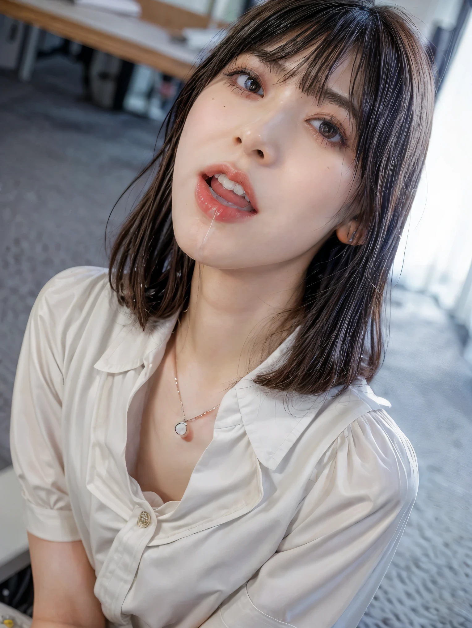 (masterpiece, best quality, realistic, photo-realistic), high resolution photograph of a Japanese woman, intricate details, sharp focus, professional lighting, solo, 1girl, an office lady, (collared shirt, skirt), (flat chest:1.4), (face focus), (full open mouth, wide open mouth, white cum in open mouth:1.5), (crawling under office desk, looking up at viewer:1.4), disheveled hair, sensual face, detailed face, detailed eyes, seductive eyes, sophisticated nose, (mole on face), pale skin, fine-textured skin, indoors, office room,
