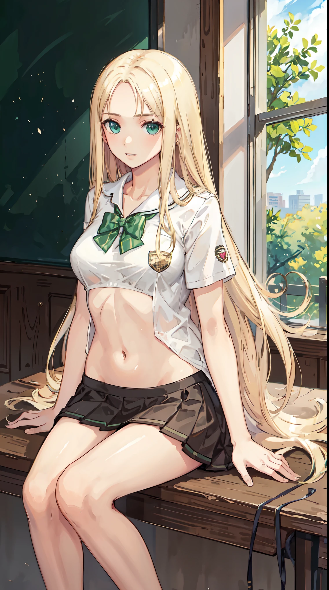 blonde hair, long hair, green eyes, happy, school uniform, short skirt, medium breast, cleavage, classroom, slim legs, navel, open clothes, laying down