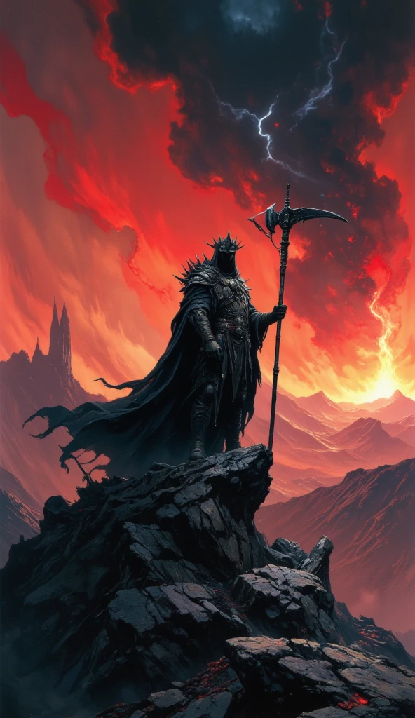 "((Masterpiece)), an extraordinary high-quality illustration of the Witch-king of Angmar, standing atop a jagged, windswept hill, facing the viewer with a piercing, defiant gaze that exudes ominous authority. The bleeding horizon of Mordor stretches behind him, an apocalyptic blend of fiery crimson and ashen black skies, casting radioactive shadows across the desolate landscape. His dark, spiked crown and flowing, tattered black robes flutter in the ethereal winds, blending seamlessly with the mysterious, unreal atmosphere of Middle-earth. The dynamic high-contrast colors amplify the sinister beauty of the scene, highlighting the sharp details of his gauntleted hands gripping a jagged, cursed mace. The composition balances the fantastic and the horrific, evoking the grandeur and menace of the Lord of the Rings in a whimsically nightmarish vision, a true epic fantasy masterpiece."