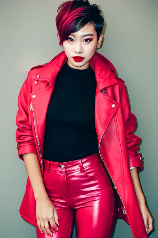 A short medium hairstyles girl with pink red colour and red pink coat and leather pants and makeup 