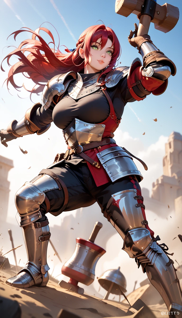 sfw, masterpiece, Best Quality, High resolution, detail hands, detail fingers, detail face, detail leg, perfect lighting, (1girl, solo, detail girl, 20years old girl), cute girl, (red hair, long hair, yellow eyes, large breast), (full plate armor, armor, hammer, breast plate, gauntlets, sabaton, greaves, sollerets, black shirts), (fantasy, battle fields, knight), (7 feet tall), (muscular:1.5), (dynamic angle, dynamic pose)