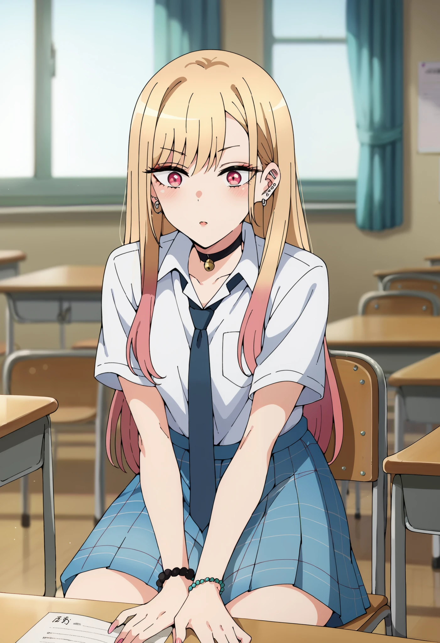 score_9, score_8_up, score_7_up, source_anime,
KitagawaMarin, 1girl, multicolored hair, long hair, magenta eyes, ear piercing, earrings, pink nails, makeup,
MarinSchool, bead bracelet, black choker, neck bell, ring, collared shirt, white shirt, short sleeves, blue necktie, plaid skirt, blue skirt, tied shirt, sitting on chair, on class, classroom, chair, school desk, note book, writing,
indoors, blurry background, front view