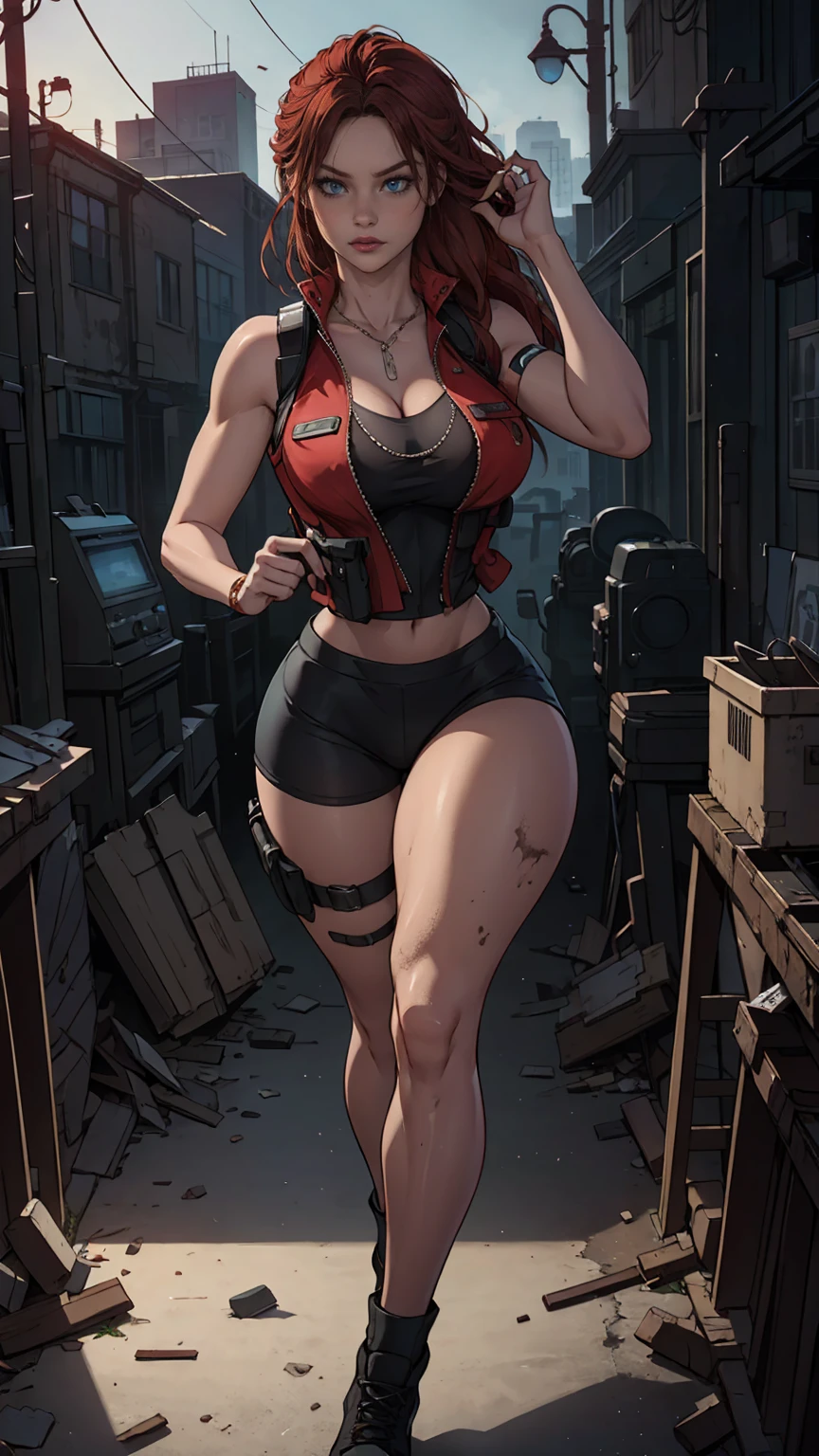 (In style of the 80s and 90s). anime female character, short colored hair, blue eye color, wearing sunglasses, black tattoo on neck , in the hack room, bottom view, digital painting "lighting": "dramatic red light, deep shadows", "resolution": "8K, ultra-detailed", (full length), no posing