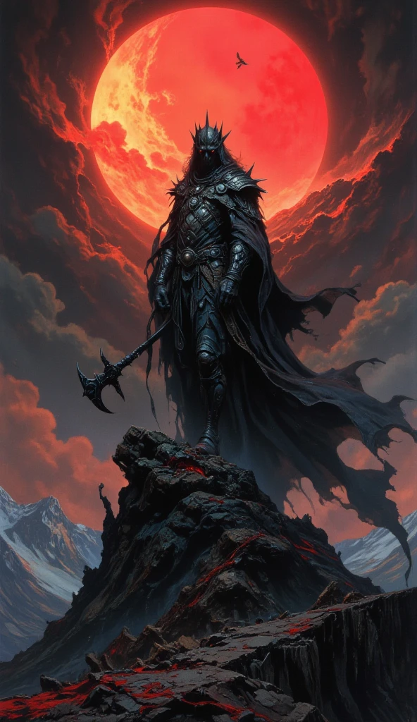 "((Masterpiece)), an extraordinary high-quality illustration of the Witch-king of Angmar, standing atop a jagged, windswept hill, facing the viewer with a piercing, defiant gaze that exudes ominous authority. The bleeding horizon of Mordor stretches behind him, an apocalyptic blend of fiery crimson and ashen black skies, casting radioactive shadows across the desolate landscape. His dark, spiked crown and flowing, tattered black robes flutter in the ethereal winds, blending seamlessly with the mysterious, unreal atmosphere of Middle-earth. The dynamic high-contrast colors amplify the sinister beauty of the scene, highlighting the sharp details of his gauntleted hands gripping a jagged, cursed mace. The composition balances the fantastic and the horrific, evoking the grandeur and menace of the Lord of the Rings in a whimsically nightmarish vision, a true epic fantasy masterpiece." 