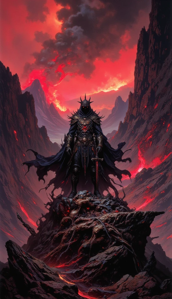 "((Masterpiece)), an unparalleled work of dark fantasy art, featuring the Witch-king of Angmar standing on a craggy hilltop, his shadowed visage turned toward the viewer with a menacing, defiant glare. The bleeding horizon of Mordor looms behind him, a surreal and nightmarish blend of molten reds and smoldering blacks, with distant volcanoes spewing ash into a radioactive, otherworldly haze. His menacing presence is amplified by a jagged, spectral crown and the flowing, shredded fabric of his spectral cloak, which merges with the swirling winds of the cursed land. The unreal, mystical atmosphere is rendered with high-contrast, dynamic colors, adding depth and drama to the intricate details of his cursed armor and the glowing runes etched on his weapon. A perfect blend of whimsy, horror, and cinematic grandeur, evoking the mythic terror of the Lord of the Rings."