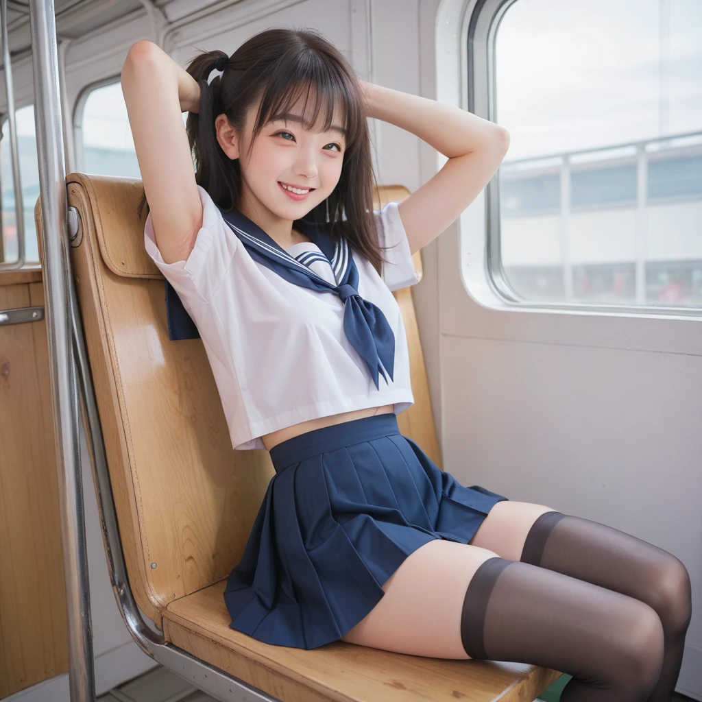  Short Sleeve Sailor Suit ,young cute girl,masterpiece,4K,8k,16k,Thin arms, white skin, Thin Thighs:1.5, thin body,delicate,Young,  black stockings, sits on a train chair, can see white panties, can see your armpits,smile, watching here, taken from the side, very skinny,No excess fat , navy blue skirt